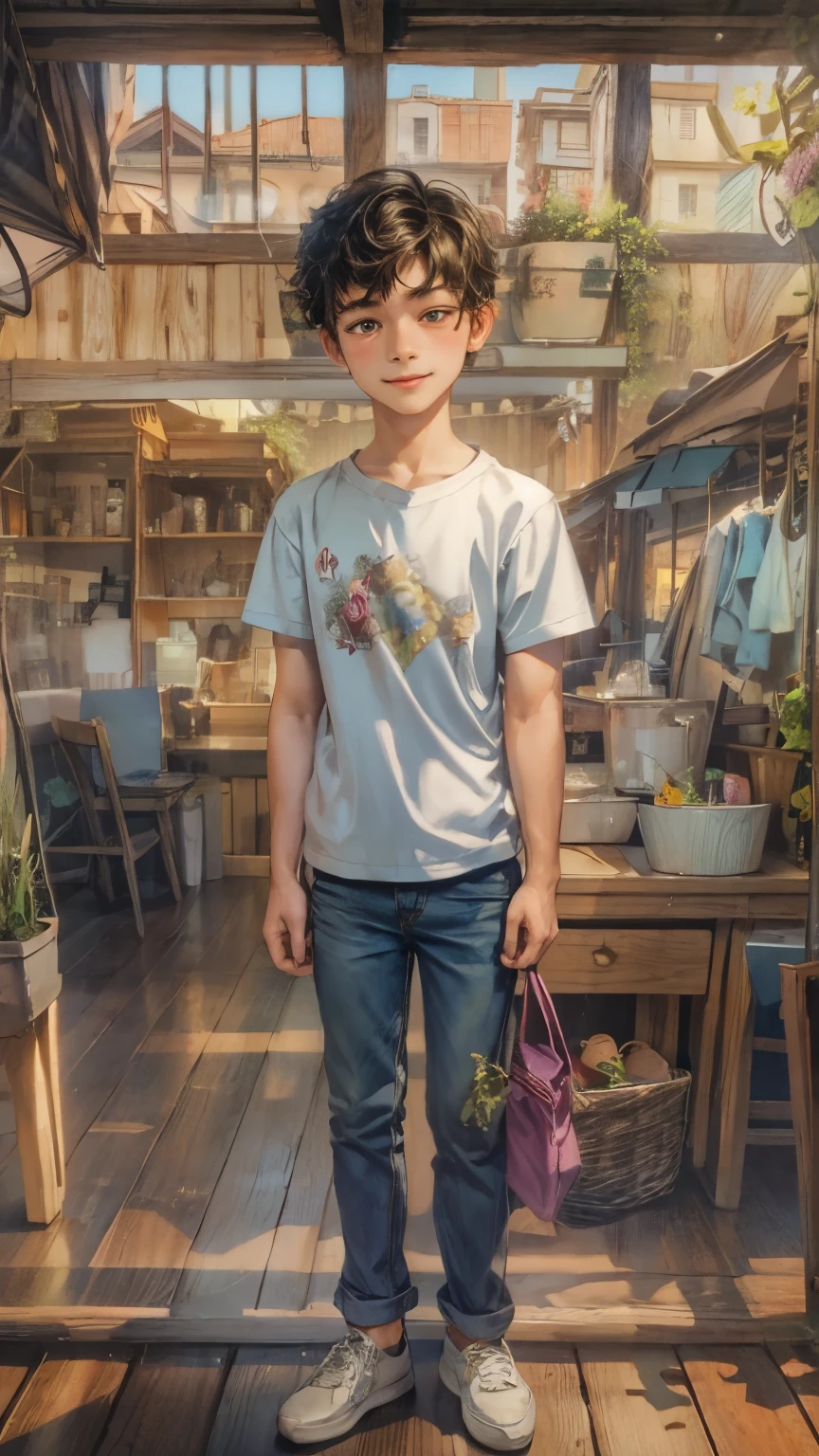 (absurdres, highres, ultra detailed, HDR), masterpiece, intricate details, best quality close-up picture of young Filipino boy with a perfect face, smirks, a boy with handsome looks, cool casual outfit, short hair, anime eyes, matured , fantastic outfit showing chest, crop top, detailed Philippines interiors, window market scenery, detailed character, art kenouji