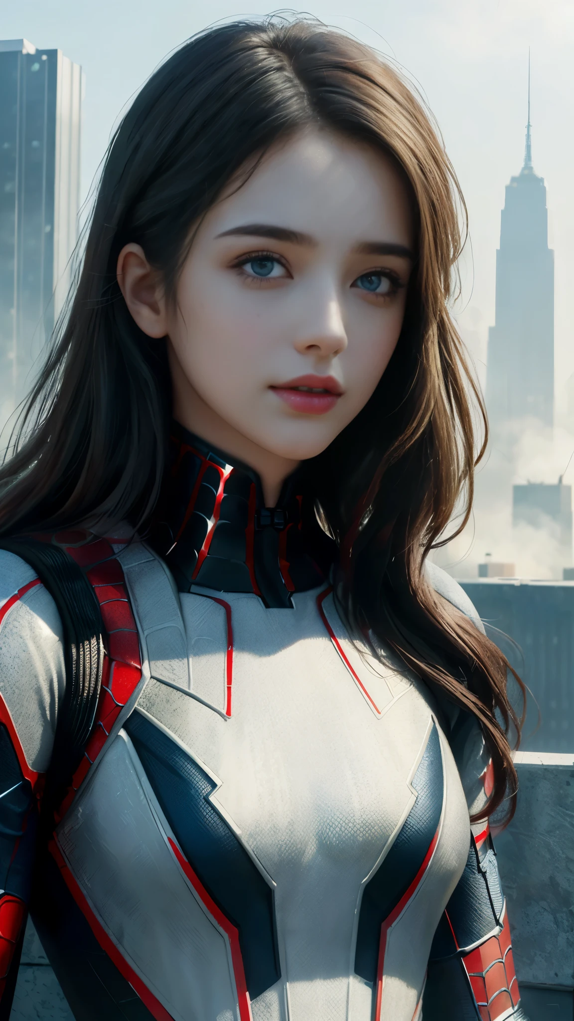 (1girl:1.3), Solo, (((Very detailed face)))), ((Very detailed eyes and face)))), Beautiful detail eyes, Body parts__, Official art, Unified 8k wallpaper, Super detailed, beautiful and beautiful, beautiful, masterpiece, best quality, original, masterpiece, super fine photo, best quality, super high resolution, realistic realism, sunlight, full body portrait, amazing beauty, dynamic pose, delicate face, vibrant eyes, (from the front), She wears Spider-Man suit, red and black color scheme, spider, very detailed city roof background, rooftop, overlooking the city, detailed face, detailed complex busy background, messy, gorgeous, milky white, highly detailed skin, realistic skin details, visible pores, clear focus, volumetric fog, 8k uhd, DSLR, high quality, film grain, fair skin, photo realism, lomography, futuristic dystopian megalopolis, translucent