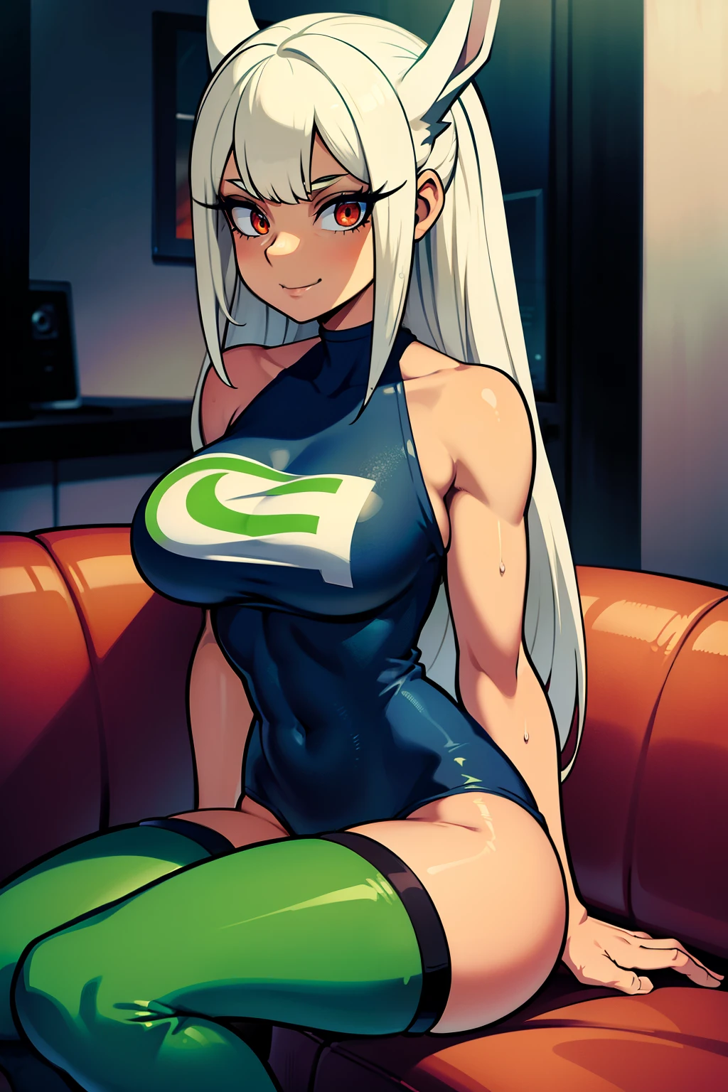 Cute girls,ojos rojos redondos, cabello blanco、orejas de conejo,sexy、sonriendo,Peinado liso medio a largo、(Bigboobs,lleva un sujetador verde,lleva unos leggins verdes,En una casa de alquiler,sitting on the couch,Noche,estaba lloviendo afuera,Upper body is wet.,cuerpo entero,lleva unos leggins verdes,green leggins