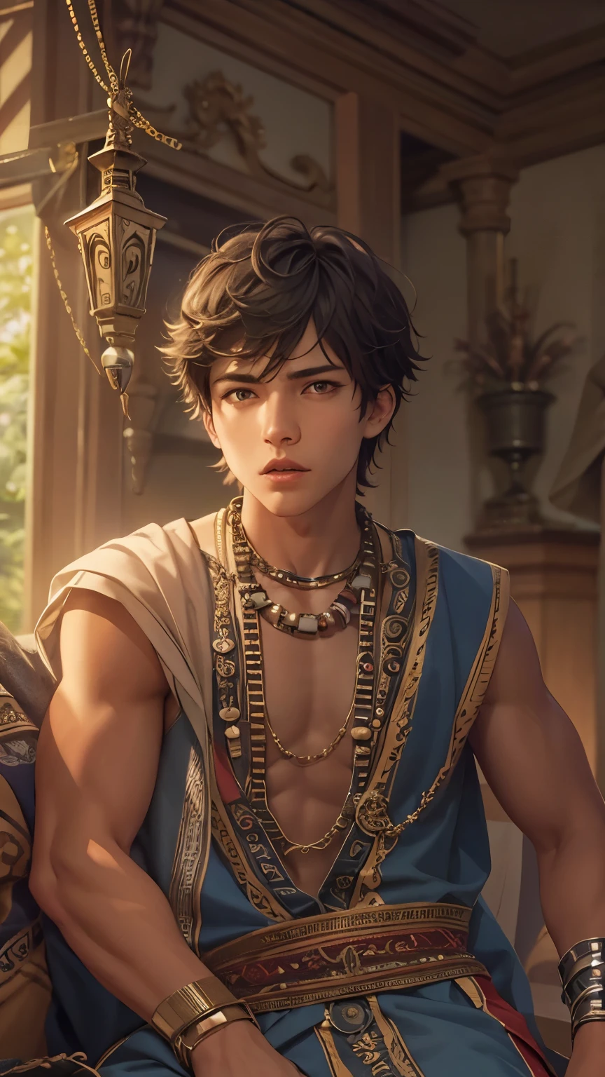 (absurdres, highres, ultra detailed, HDR), masterpiece, intricate details, best quality close-up picture of King perseus in his younger age with a perfect face, smirks, a boy with handsome looks, cool ethnic outfit, short hair, anime eyes, matured teen, fantastic outfit showing chest, crop top, detailed Philippines interiors, window beach scenery, detailed character, art kenouji