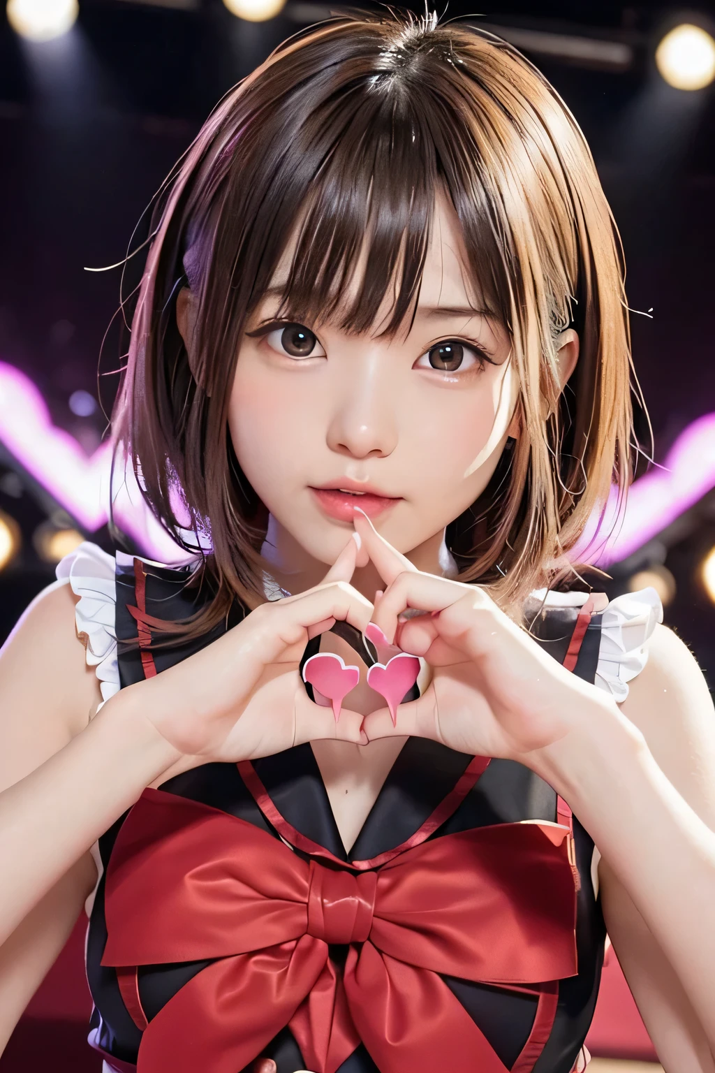 8K、masterpiece、highest quality、High resolution、finely、upper shot、1 girl、 flat body、slim、12 year old cute girl、((make a heart with your handaking a Heart with Fingers))、perfect hands、perfect fingers、background on idol stage、Japanese school junior high 