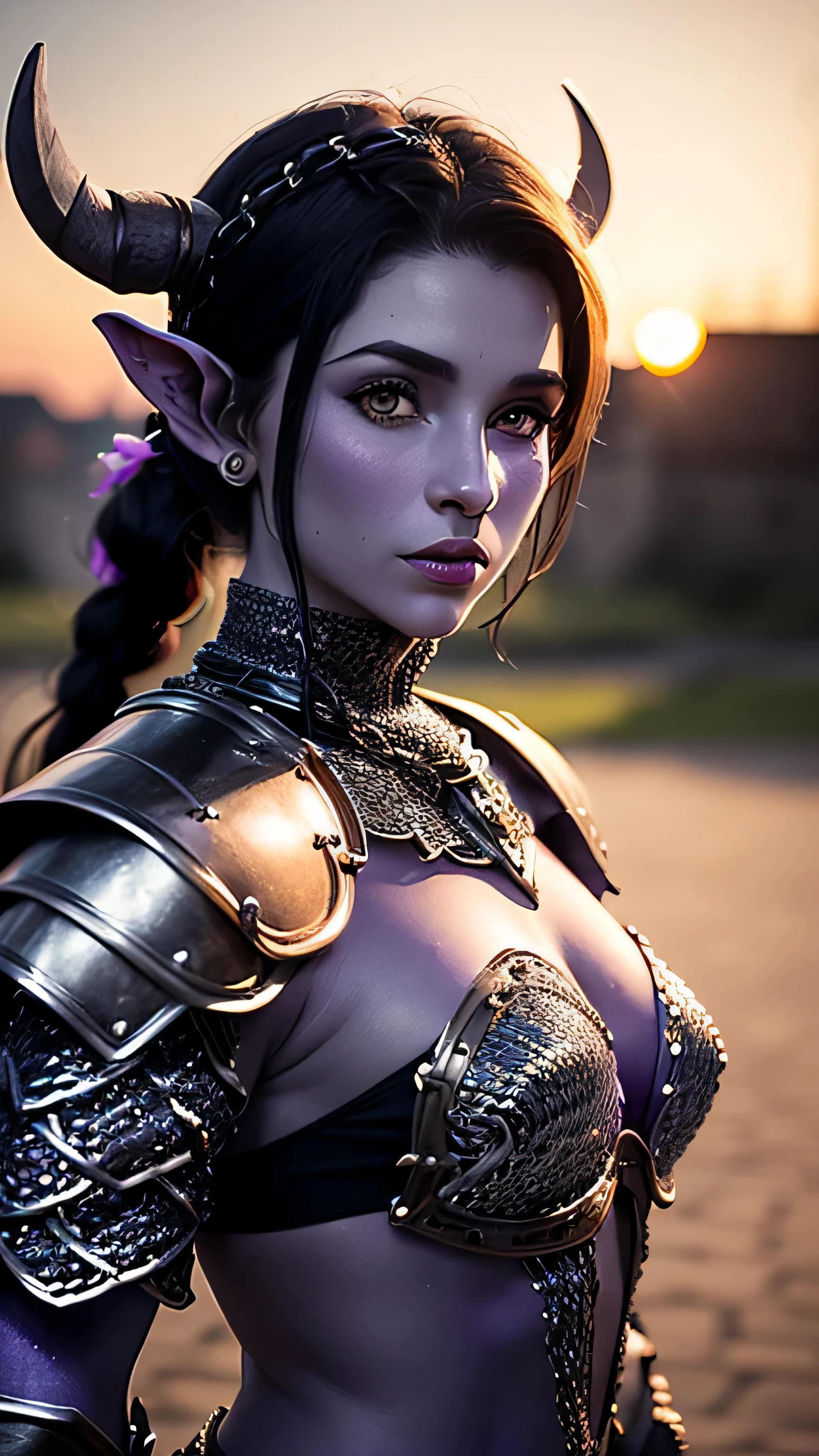 (masterpiece), (extremely intricate:1.3), (realistic), portrait ((modest, ((purple skin, (black medieval armor:1.6, perfectchainmail, draenei))) woman)), metal reflections, upper body, outdoors, intense sunlight, far away castle, professional photograph of a stunning woman detailed, (long ponytail dark hair, dynamic pose), sharp focus, dramatic, award winning, cinematic lighting, volumetrics dtx, (film grain, blurry background, blurry foreground, bokeh, depth of field, sunset, interaction), 8K