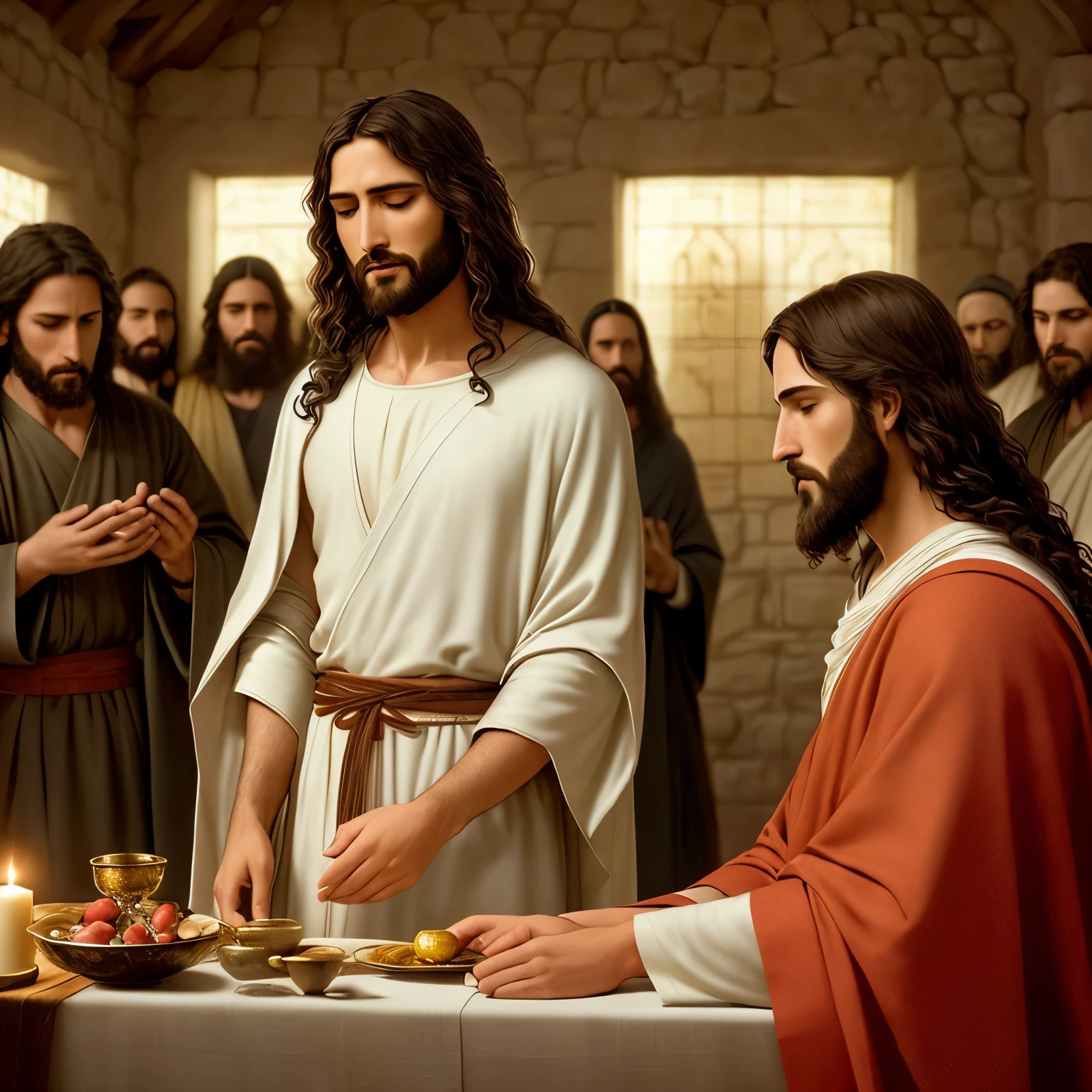 A holy and serene image of Jesus of Nazareth as he bows his head to pray at the Last Supper. His intricately textured robe, shimmering with ultraglow aura, is draped over the long table. The room is bathed in soft, warm light, filling every crevice with gentle, ethereal shadows. Jesus' piercing sapphire eyes reflect the deep devotion upon his face, the slightest hint of a kind smile playing at the corners of his lips. Every detail of his features - from the curly locks of his hair to the fine lines around his eyes - are masterfully rendered, bringing this biblical scene to life in a hyperrealistic and