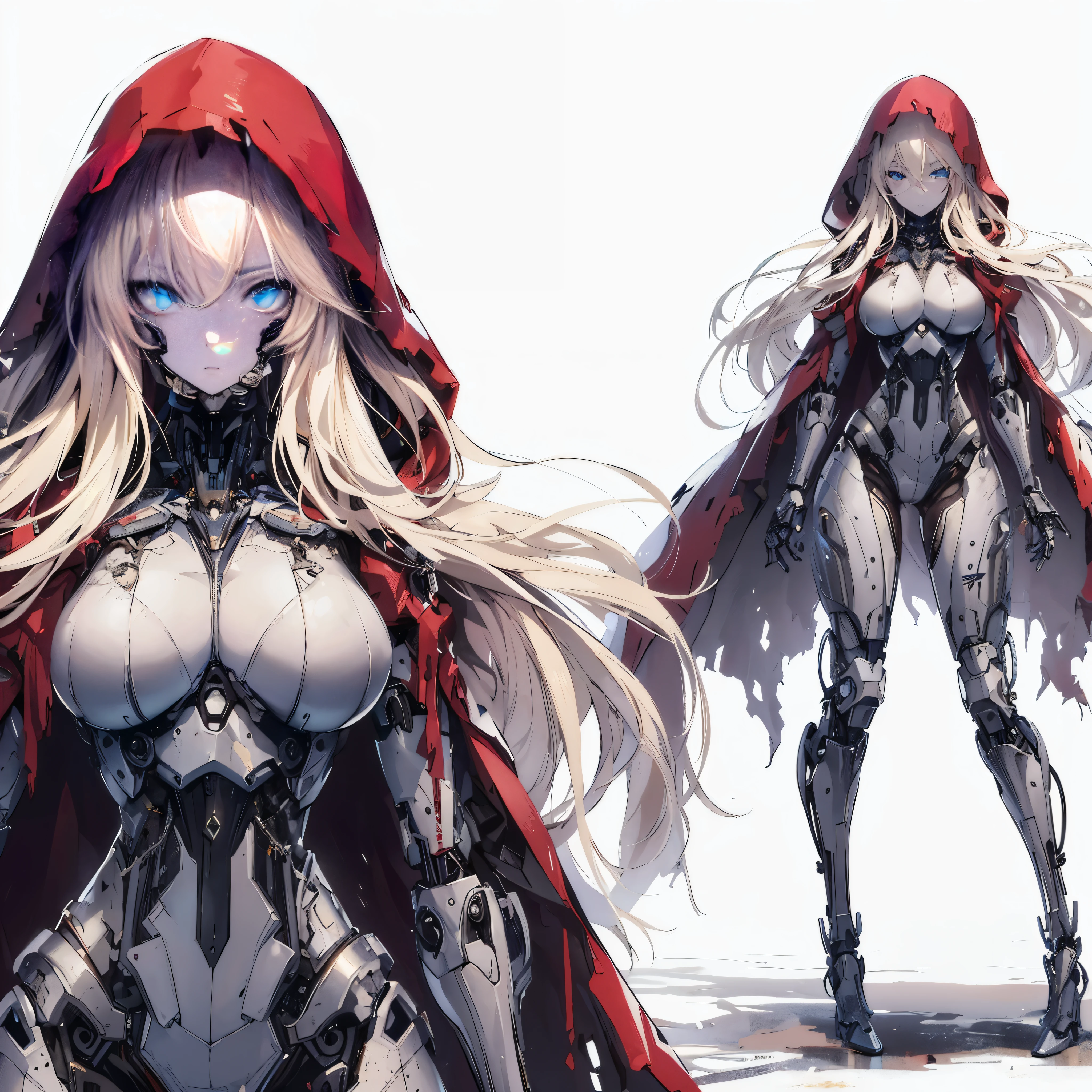 (masutepiece, Best Quality), (Perfect athlete body:1.2), (detailed hairs), Ultra-detailed, Anime style, Full body, Mechanical Undead Girl, Pale golden hair and shining ultra blue eyes, Steel Greyskin, Shabby red robe, Hooded, Cybernetic limbs, bodybuilder, Beautiful and terrible, tall and lean figure, Cybernetic limbs, glowing cybernetic implants, high heels boots, Digital Painting, 8K High Resolution, trend artstation, White background, Whole body,
