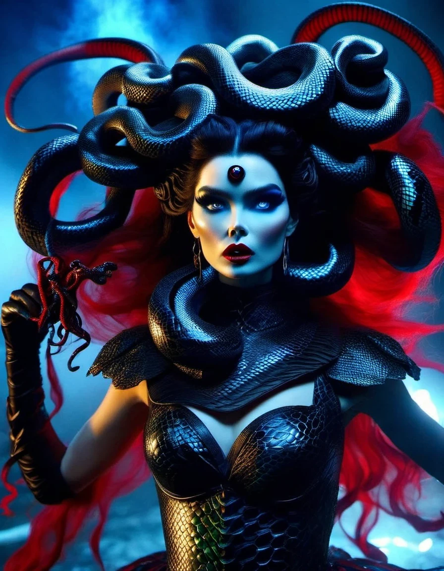 Gothic style red，Greek mythology Medusa wearing a very strange costume is blowing protruding large amounts of black smoke：0.9），（human head snake body），（Hair made of countless snakes），（snake scale skin：1.2），Black smoky makeup，There is red blood in the corner of the eye，Red snake tongue sticking out from open mouth，Blue seductive eyes，（In the foreground is the blue laser aurora emitting beams：0.3），complex clothing design, dreamworks animated bjork, james cameron avatar style, darkness is always there，Beauty and warmth come from darkness，Gorgeous model，There are also many snake scales growing on the black arms.，Thin figure，dead branches，Decadence scent，Alexander has a strong flavor of Gothic asceticism，gothic style，Savage growth，Optoelectronic style，science fiction，