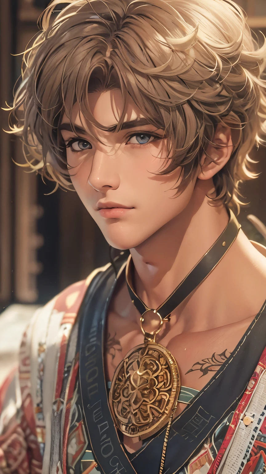 (absurdres, highres, ultra detailed, HDR), masterpiece, intricate details, best quality close-up picture of King perseus in his younger age with a perfect face, smirks, a boy with handsome looks, cool ethnic outfit, short hair, anime eyes, matured , fantastic outfit showing chest, crop top, detailed Philippines interiors, window beach scenery, detailed character, art kenouji