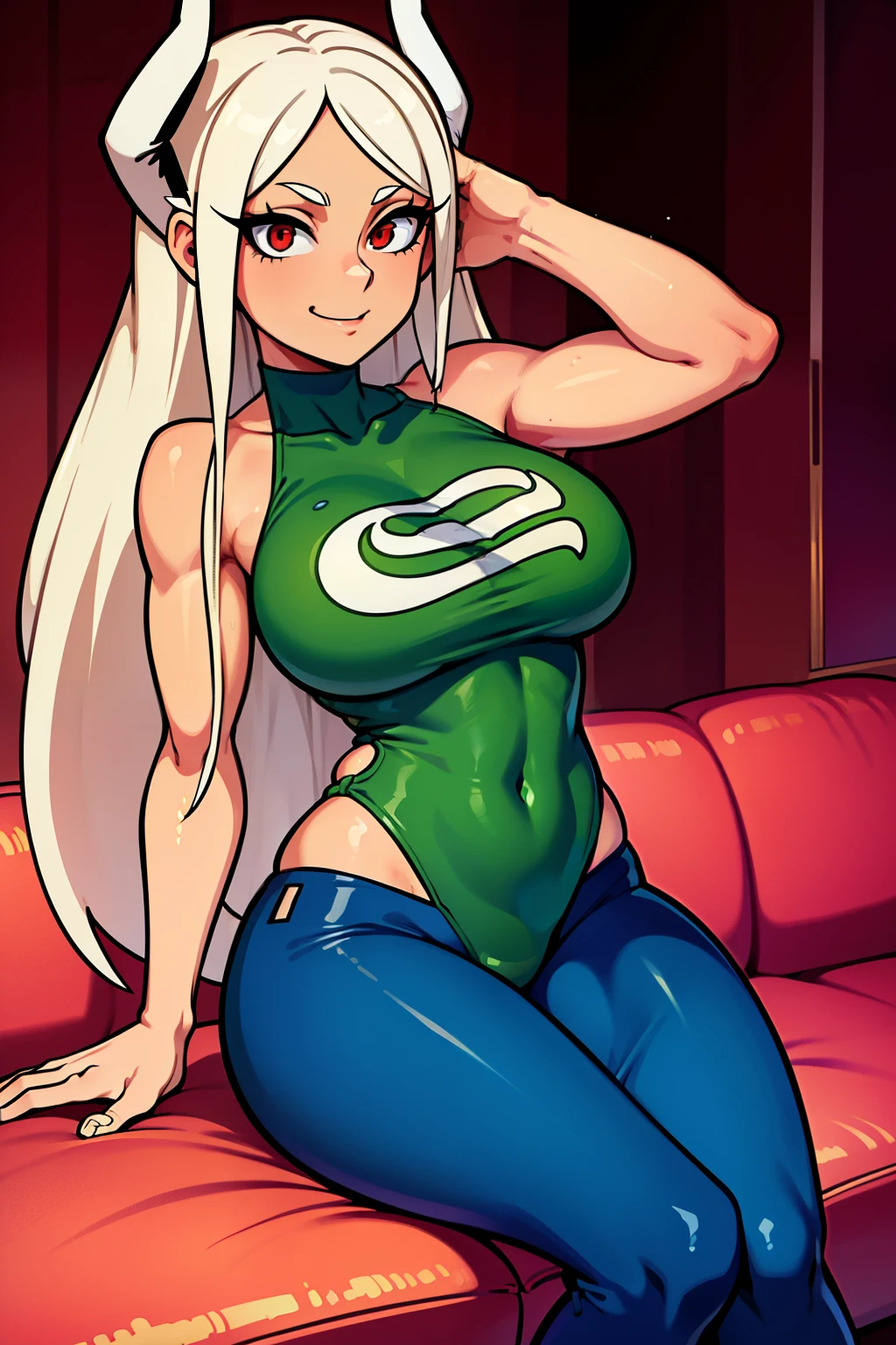 Cute girls,ojos rojos redondos, cabello blanco、orejas de conejo,sexy、sonriendo,Peinado liso medio a largo、(Bigboobs,lleva un sujetador verde,lleva unos leggins verdes,En una casa de alquiler,sitting on the couch,Noche,estaba lloviendo afuera,Upper body is wet.,cuerpo entero,lleva unos leggins verdes,green leggins