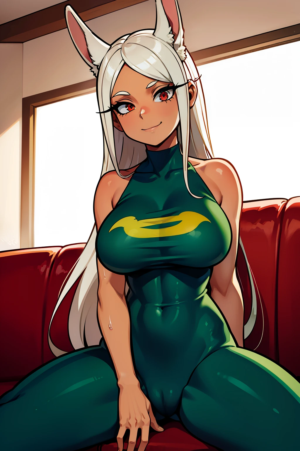 Cute girls,ojos rojos redondos, cabello blanco、orejas de conejo,y、sonriendo,Peinado liso medio a largo、(Bigeva un sujetador verde,lleva unos leggins verdes,En una casa de alquiler,sitting on the couch,Noche,estaba lloviendo afuera,Upper body is wet.,cuerpo entero,lleva unos leggins verdes,green leggins