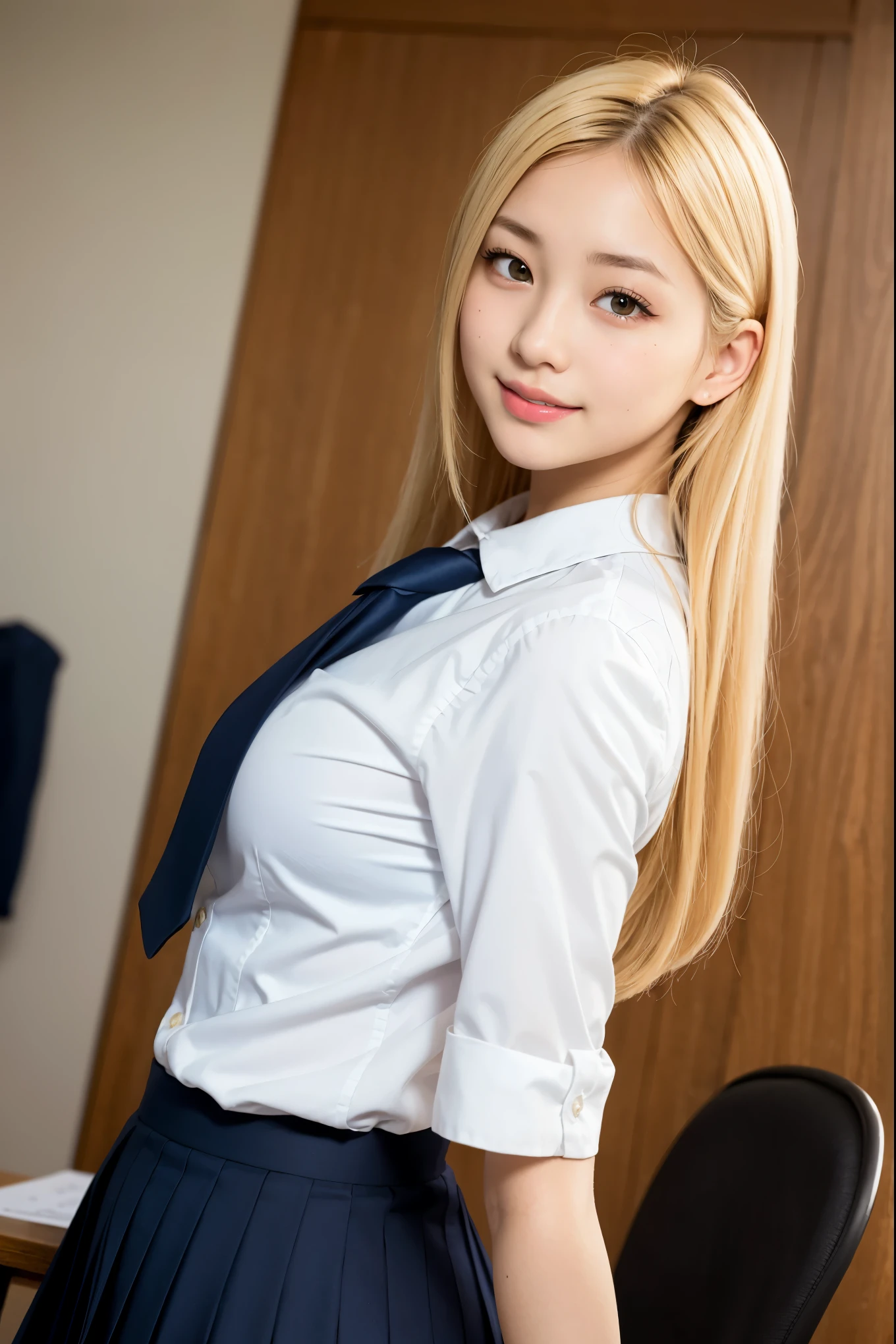 Realistic, masterpiece, highest quality, highest resolution, one Japanese high school girl, 16 years old, breasts are small, upper body photo, Staring at me with narrowed eyes and a smile, smiling with open mouth, Beautiful and detailed eye drawing, droopy eyes, black eyes, thin eyebrows, Carefully draw eyelashes, A little tooth is visible, gal makeup,  (blonde hair, midium hair, middle part:1.3), detailed face, white shirt, Navy blazer and navy pleated skirt, ribbon tie, A was photographed from slightly behind., school classroom