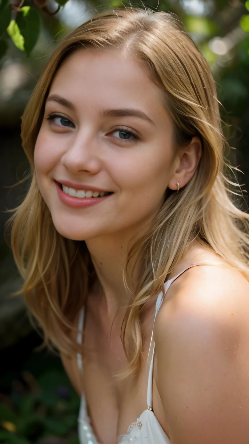 model, casual outfit, total body, in cherry blossom field, blonde hair, sexy smile, UHD, textured skin