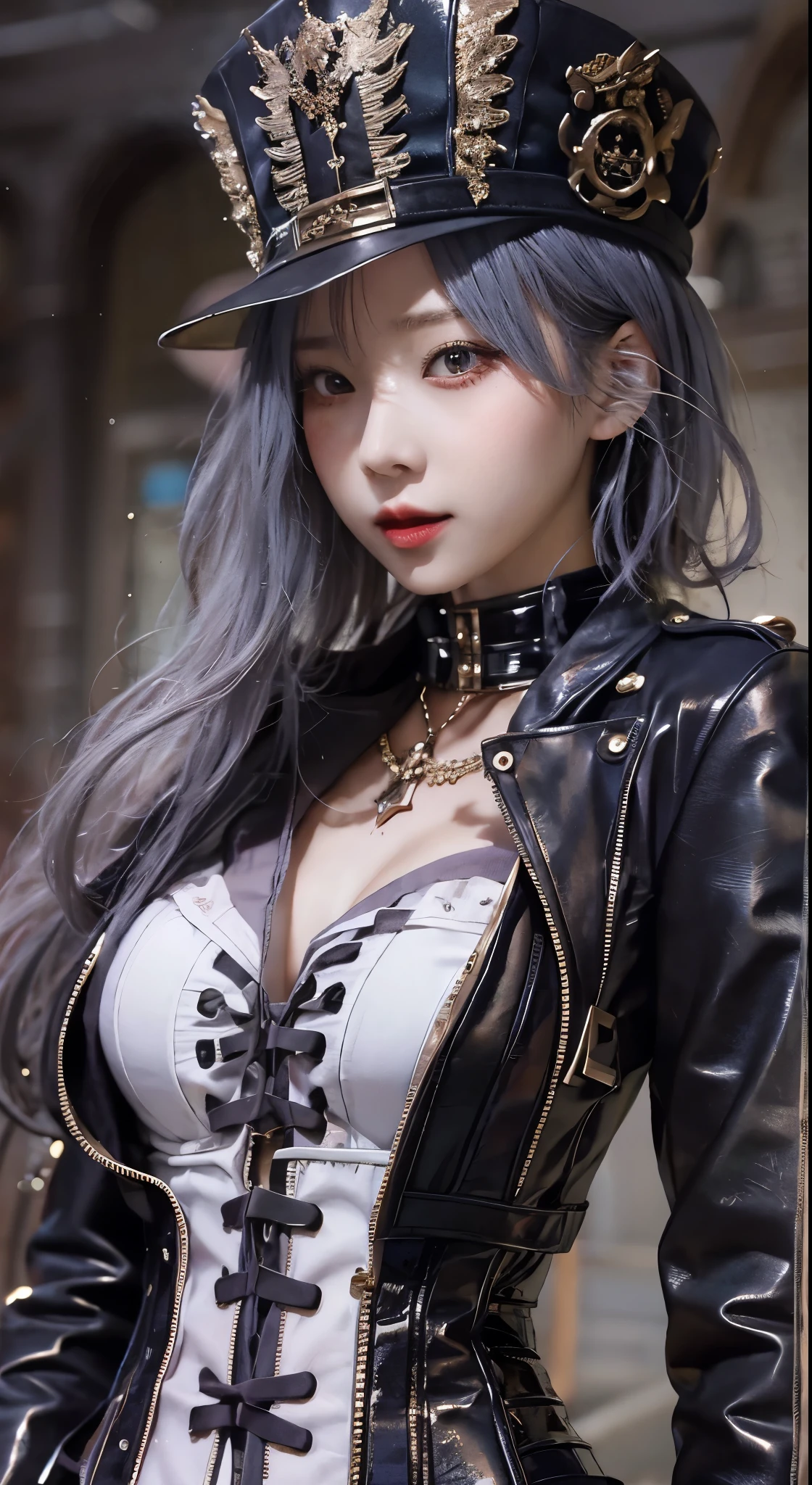 Woman in black bodysuit posing in steampunk world, in a leather corset, 穿着黑色emulsion服装, mesmerizing and seductive, Corset, wrapped in belt, 非常緊的Corset, very sexy outfit, Brutal Korean Goth Girl, elegant corset, 穿着emulsion服装, 复杂的湿emulsion吊带, emulsion, 复杂的emulsion套装, Wearing a corset, Sexy 21 year old cool Korean, fair steampunk anime lady, steampunk beauty goddess, masterpiece, Gorgeous, audience, actual, Full body camera, on legs, Squat down, extreme, High, Forced real water, White translucent mini shirt, White transparent thong, Low point in the world of steampunk, very good, fair eyes with cosplay details, long eyelashes, fair double eyelids, Eyeshadow is very delicate, narrow eyes, three white eyes, dark eye makeup, smile, fair, thin legs, Tie short hair back, Silly face, Roll your eyes, blush, mouth watering, sticky tongue, orchid, secretions, squirt, (((boobs are small))), Hold breasts with both hands, spread legs, Sexual arousal, sexual expression, bare skin