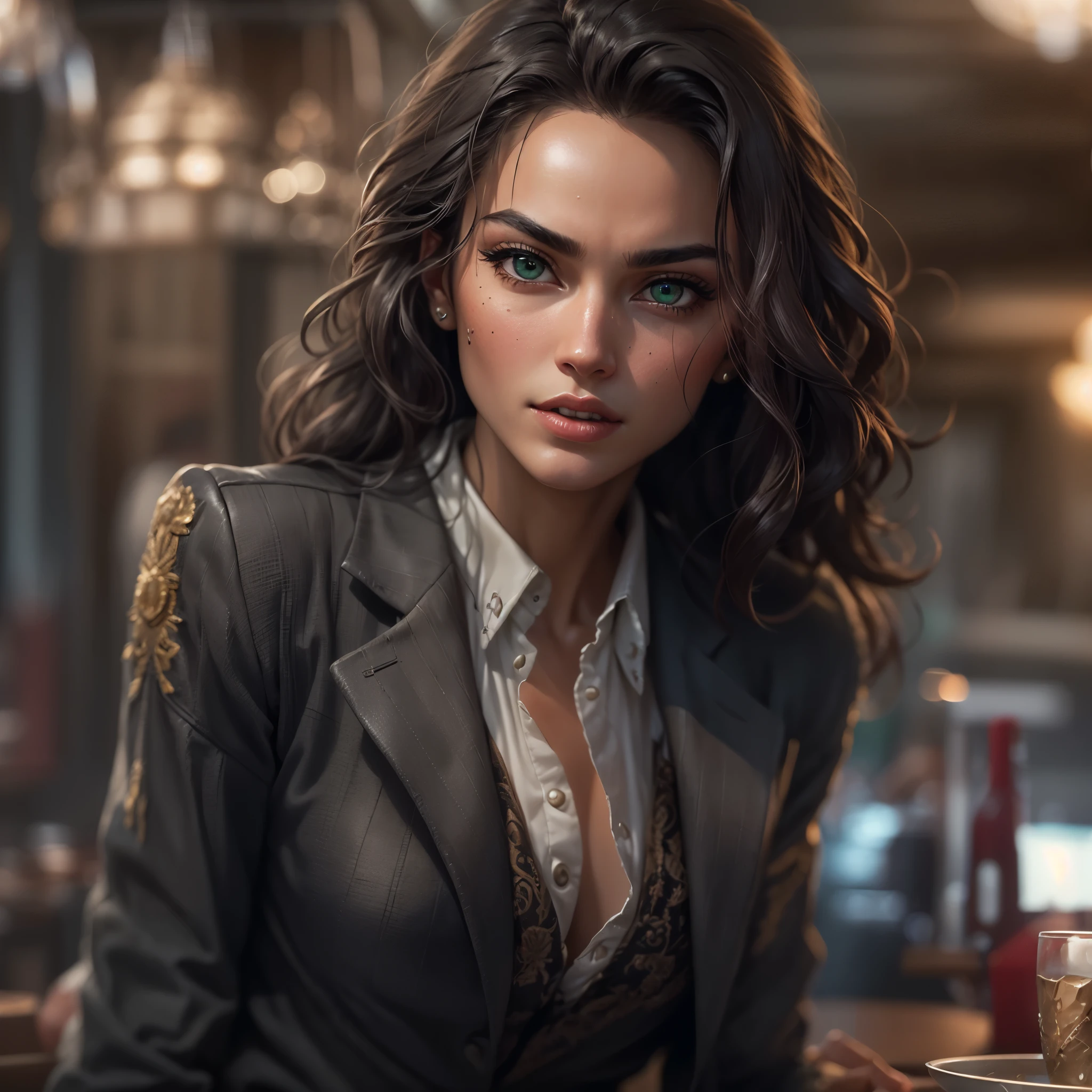 young woman 24 years old, sitting at a table in a bar reading a newspaper, with a serious face, vivid real black eyes, short black hair, with a burgundy blazer with buttons, realistic hands with tattoo on her right arm, is leaning on a table of mahogany bar, background image of a modern british bar style bar, with some bottles of whisk on the table, photorealistic, 12k, ultra realistic photo, real colors, vivid colors, high definition image