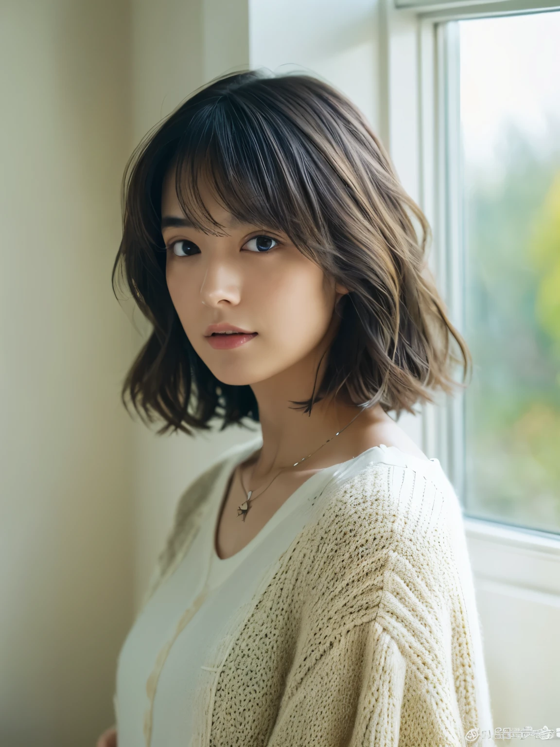 (top-quality、8K、32K、​masterpiece、nffsw:1.2)、cute little日本人女性の写真、large full breasts、very short bobbed hair、The upper part of the body、sface focus、Oversized_Sweaters、a necklace、simple background、From above、looking at the viewerix4、(8K、Raw photography、top-quality、​masterpiece:1.2)、(realisitic、Photorealsitic:1.37)、1girl in、cute little、profetional lighting、photon maping、physically-based renderingt、Gradient Brunette Hair、short curly hair、a handsome、Girly、superior image quality、hight resolution、1080p、(Clear face)、(Detailed face description)、(Detailed hand description)、(masuter piece)、(Exquisite CG)、 extreme light and shadows、hair messy、​masterpiece、lush detail、(Exquisite facial features)、(The highest image quality)、(​masterpiece)、(A detailed eye)、Looking forward to your eyes、Delicate collarbones、Poses variadas、don&#39;t watch mela、profile、white walls、(white walls room with window)、Autumn clothes、Winter clothes、simple a necklace、T-shirt