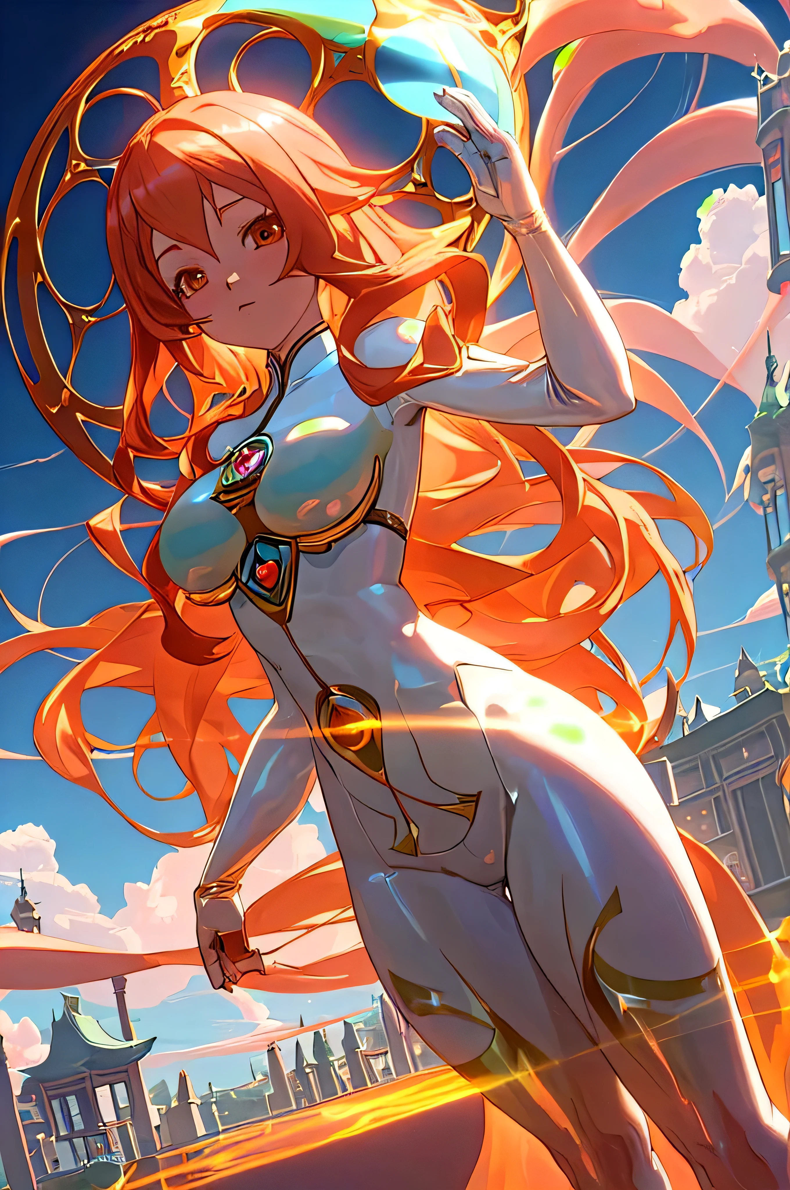 anime style, digital painting, 1girl, woman, (atmospheric Light Academia:1.3) cute angel, [:casual costume design,:0.2], bombshell hair, woman with dick, shiny copper hair, Afro, hourglass figure, (asian:1.3), (morning, blue sky, clouds, architecture, "at the indescribable wormhole":1)