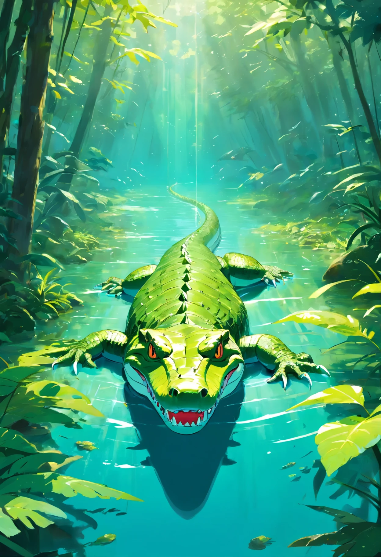 a crocodile in a serene, lush swamp, basking under the warm sunlight, (best quality,highres), with gleaming, scaly skin, camouflaged perfectly in the surrounding green vegetation, (vivid colors), glistening on its moist surface, (ultra-detailed), with sharp, menacing teeth protruding from its powerful jaws, (extreme detail description), ready to snatch its prey in a split second, (intense, dramatic lighting), the reflection of its formidable figure mirrored in the crystal clear water, (realistic), creating a sense of mystery and danger, (concept artists), while the gentle ripples of the water add a sense of tranquility to the scene, (landscape), enhancing the overall atmosphere of the artwork.