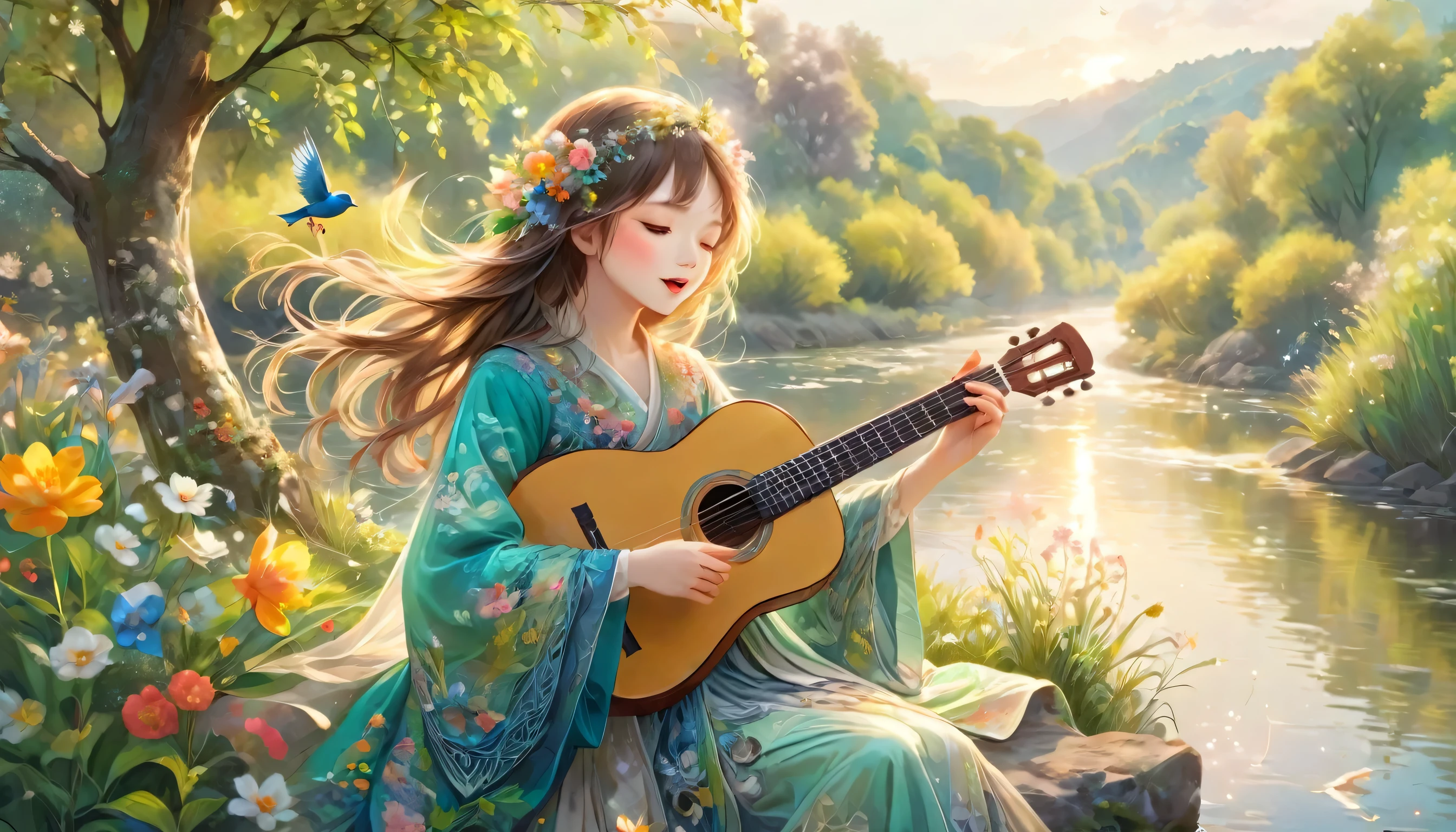 Landscape painting,A girl is singing while playing an instrument on the riverbank,violin,spring,morning,Natural style clothing,open your mouth:sing,cute,17 years old,beautiful spring scenery,Morning&#39;s Kiyoshi々fresh air,little birds,flower,intricate details,Note,Posters that make viewers want to try something new,happiness,masterpiece,rendering,rich colors,colorful,cast colorful spells,zentangle elements,Attention to detail,best masterpiece,masterpiece,France,So breathtakingly beautiful,adorable,dream-like,fantasy,fancy,Sparkling,Dreamy