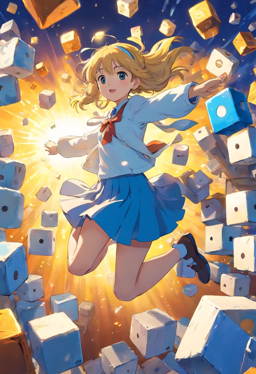 a girl flying through the air surrounded by cubes, trending on pixiv, railgun, blue! and white colors, trending at cgstation, japanese comic book, yellow hairband, , serafuku, long sleeves, pleated skirt,
