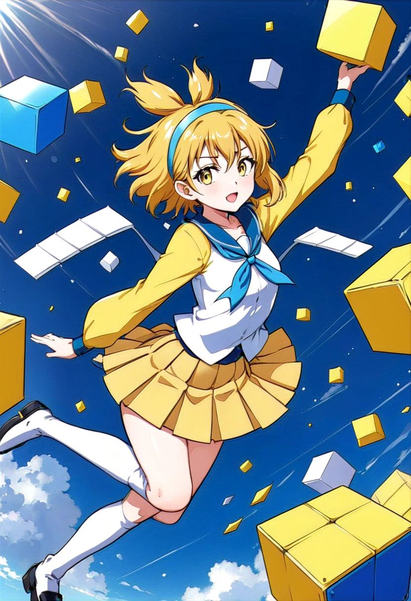 a girl flying through the air surrounded by cubes, trending on pixiv, railgun, blue! and white colors, trending at cgstation, japanese comic book, yellow hairband, , serafuku, long sleeves, pleated skirt,