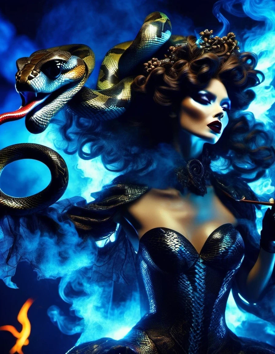 in style of Light painting, beautiful detailed哥特风格红色,Greek mythology Medusa wearing a very strange costume is blowing protruding large amounts of black smoke:0.9),(human head snake body),(Hair made of countless snakes),(snake scale skin:1.2),Black smoky makeup,There is red blood in the corner of the eye,Red snake tongue sticking out from open mouth,Blue seductive eyes,(In the foreground is the blue laser aurora emitting beams:0.3),complex clothing design, dreamworks animated bjork, james cameron avatar style, darkness is always there,Beauty and warmth come from darkness,Gorgeous model,There are also many snake scales growing on the black arms.,Thin figure,dead branches,Decadence scent,Alexander has a strong flavor of Gothic asceticism,gothic style,Savage growth,Optoelectronic style,science fiction,