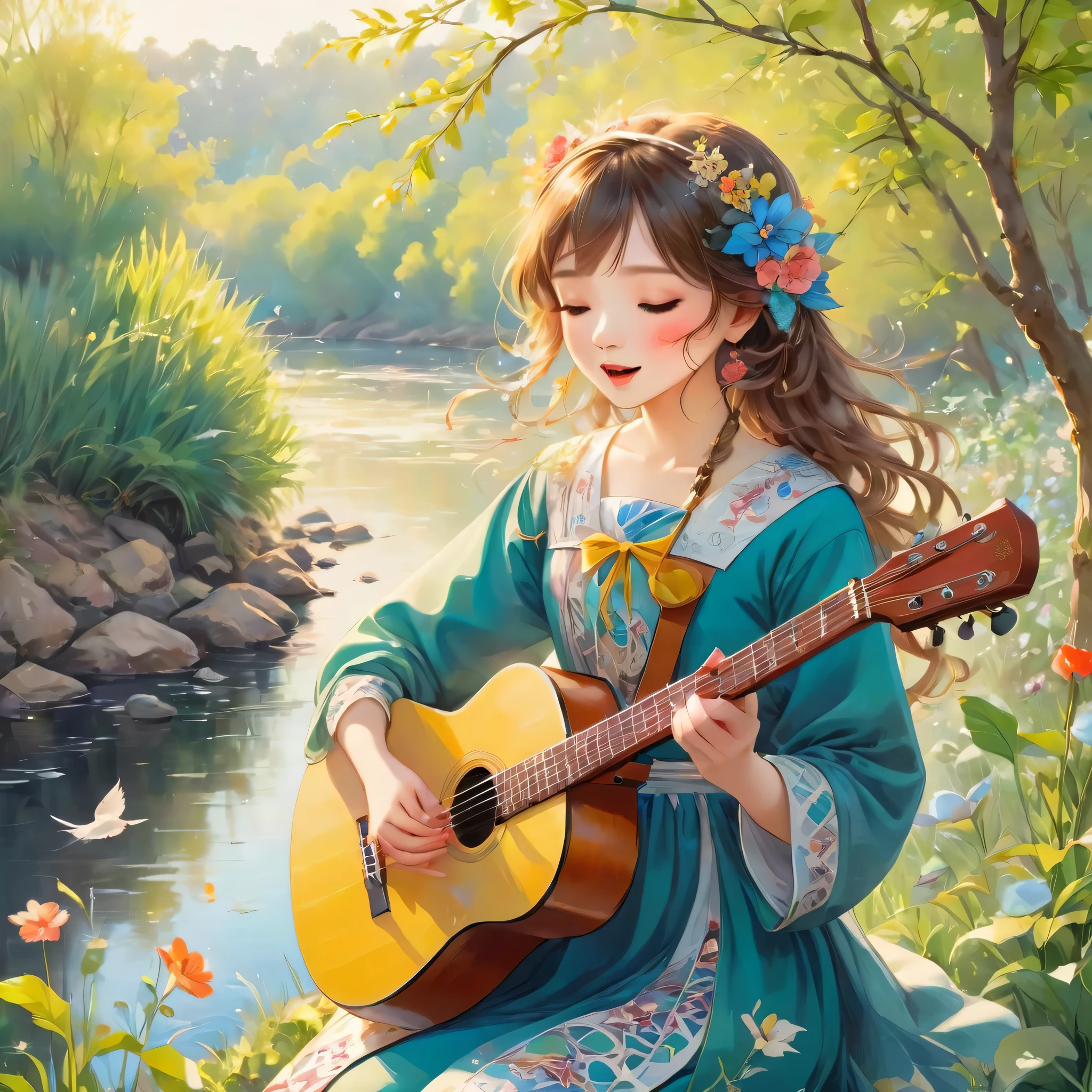 Landscape painting,A girl is singing while playing an instrument on the riverbank,have an instrument:guitar,spring,morning,Natural style clothing,open your mouth:sing,cute,************,beautiful spring scenery,Morning&#39;s Kiyoshi々fresh air,little birds,flower,intricate details,Note,Posters that make viewers want to try something new,happiness,masterpiece,rendering,rich colors,colorful,cast colorful spells,zentangle elements,Attention to detail,best masterpiece,masterpiece,France