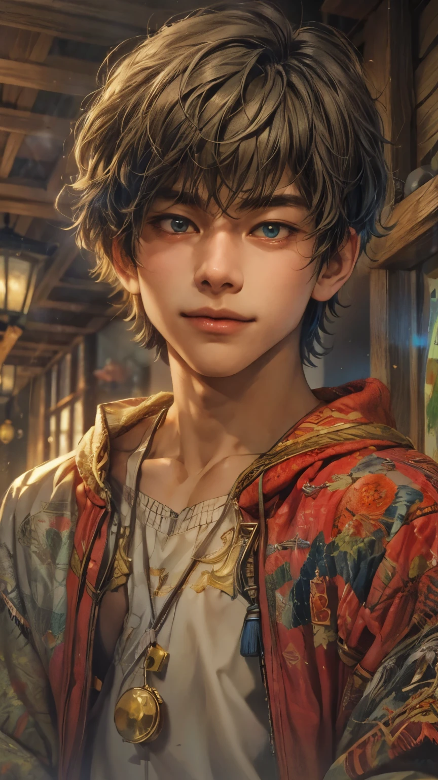 (absurdres, highres, ultra detailed, HDR), masterpiece, intricate details, best quality close-up picture of young Filipino boy with a perfect face, smirks, a boy with handsome looks, cool casual outfit, short hair, anime eyes, matured teen, fantastic outfit showing chest, crop top, detailed Philippines interiors, window market scenery, detailed character, art kenouji