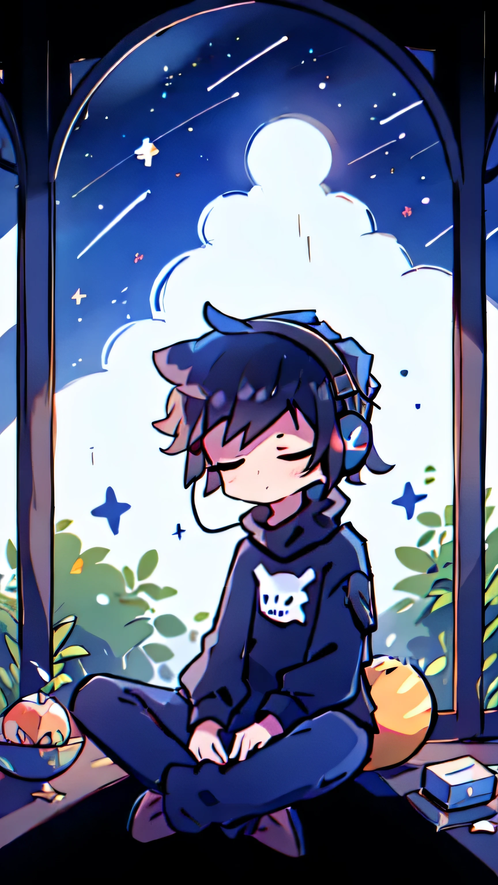 boy  , black hair , black shirt , looking far away , Meditation pose, wearing headphone , space bacground , stars , outside , closed eyes