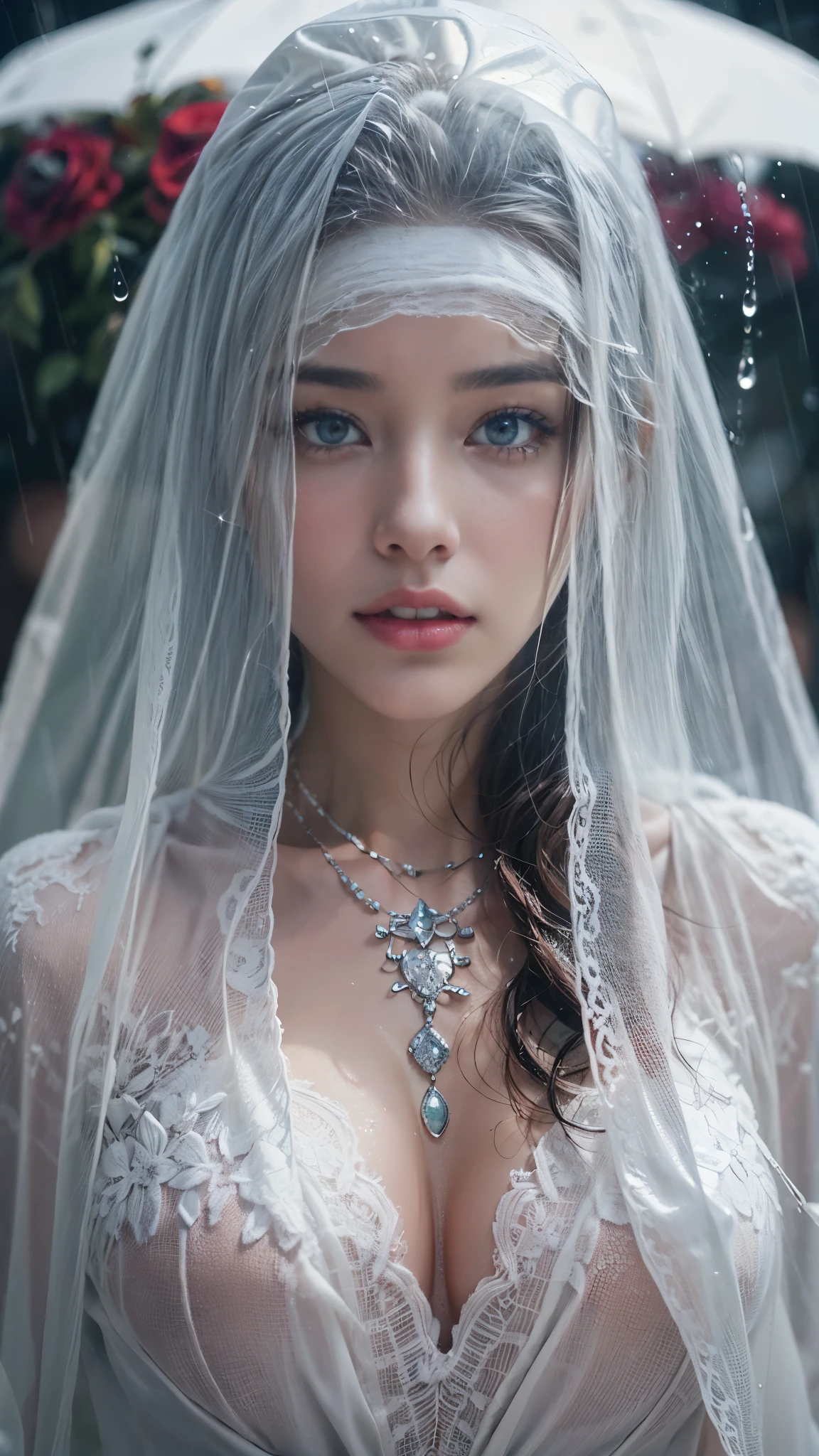 (RAW shooting, Photoreal:1.5, 8K, highest quality, masterpiece, ultra high resolution), ((((heavy snow, Blizzard)))), Highly detailed skin and facial textures:1.3, perfect dynamic composition:1.2, (In front of a church at night in a modern city, expression of sadness:1.0, Tears are flowing:1.0, cry with a broken heart:1.0), Slim office lady wet in the rain:1.3, cowboy shot, Fair skin:1.2, sexy beauty:1.1, perfect style:1.2, beautiful and aesthetic:1.1, very beautiful face:1.2, water droplets on the skin, (rain drips all over my body:1.2, wet body:1.2, wet hair:1.3), (professional dressing:1.1, Holding a bouquet of wet roses in my hand:1.2, The correct way to wear a wet pure white wedding dress:1.3), (Medium chest, Bra see-through, Chest gap),  (Eyes that feel beautiful eros:0.8, Too erotic:0.8, Bewitching:0.8), necklace, earrings, bracelet, wedding ring, Highly detailed hand and finger expressions