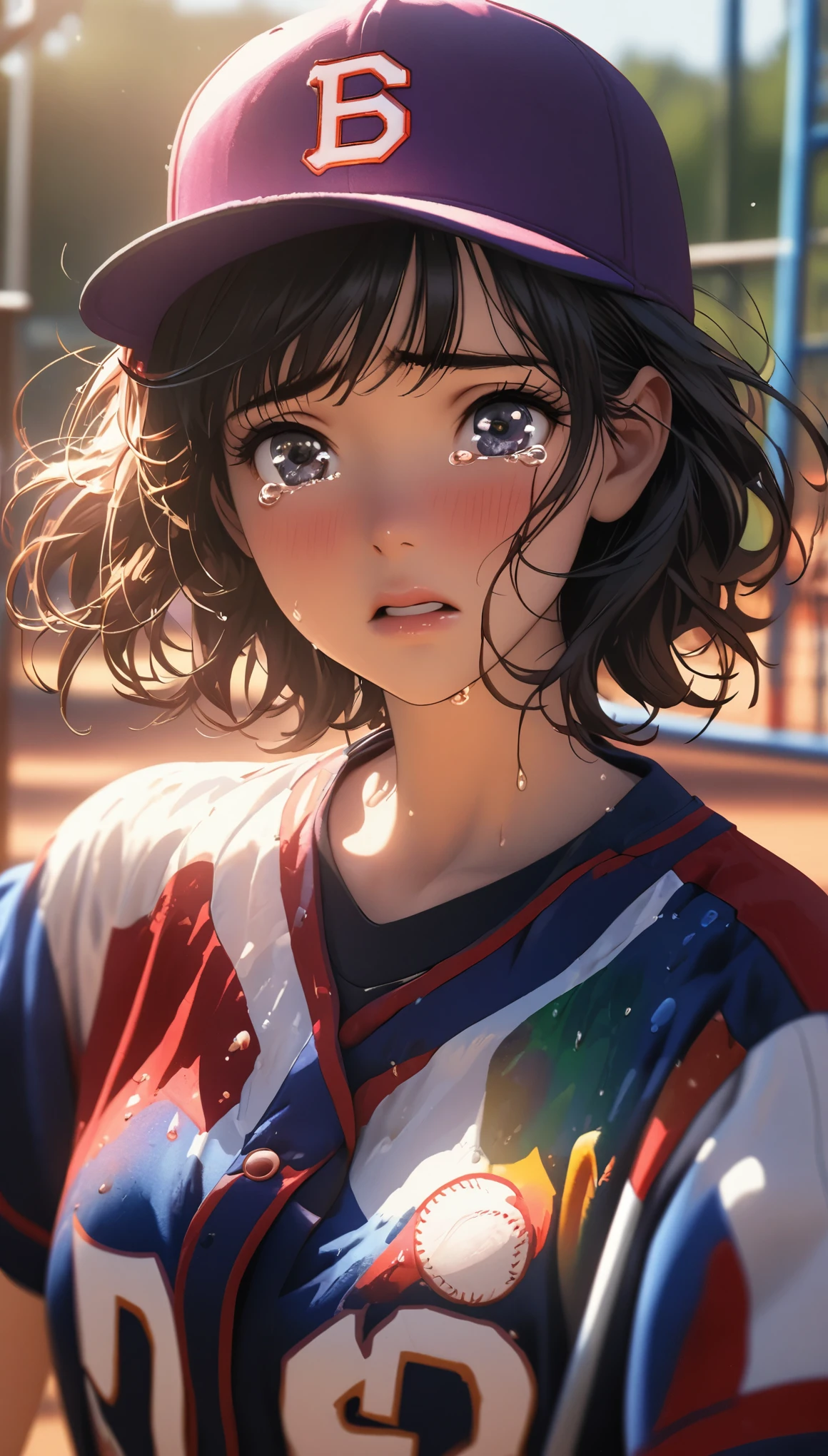 Comic city hunter style,15 year old beautiful girl,playground,baseball uniform,baseball cap,short hair,Wronged,cry,Tears keep flowing,close up,portrait,rich and colorful,Japanese manga artist Tsukasa Hojo'style,depth of field,Overclocked renderer,movie lighting,Ultra-fine,super detailed,complicated,cinematic perspective,CG art,