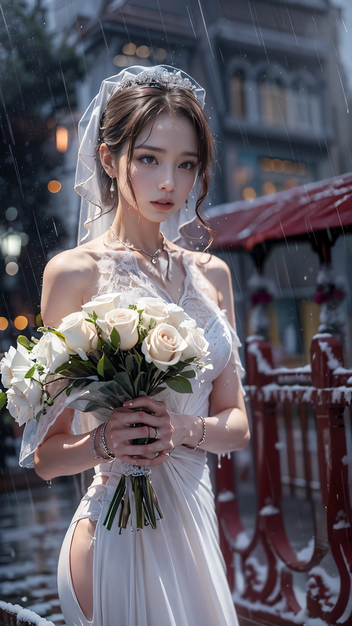 (RAW shooting, Photoreal:1.5, 8K, highest quality, masterpiece, ultra high resolution), ((((heavy snow, Blizzard)))), Highly detailed skin and facial textures:1.3, perfect dynamic composition:1.2, (In front of a church at night in a modern city, expression of sadness:1.0, Tears are flowing:1.0, cry with a broken heart:1.0), Slim office lady wet in the rain:1.3, cowboy shot, Fair skin:1.2, sexy beauty:1.1, perfect style:1.2, beautiful and aesthetic:1.1, very beautiful face:1.2, water droplets on the skin, (rain drips all over my body:1.2, wet body:1.2, wet hair:1.3), (professional dressing:1.1, Holding a bouquet of wet roses:1.2, The correct way to wear a wet pure white wedding dress:1.3), (Medium chest, bra is see-through, Chest gap), (Eyes that feel beautiful eros:0.8, Too erotic:0.8, Bewitching:0.8), necklace, earrings, bracelet, wedding ring, Highly detailed hand and finger expressions