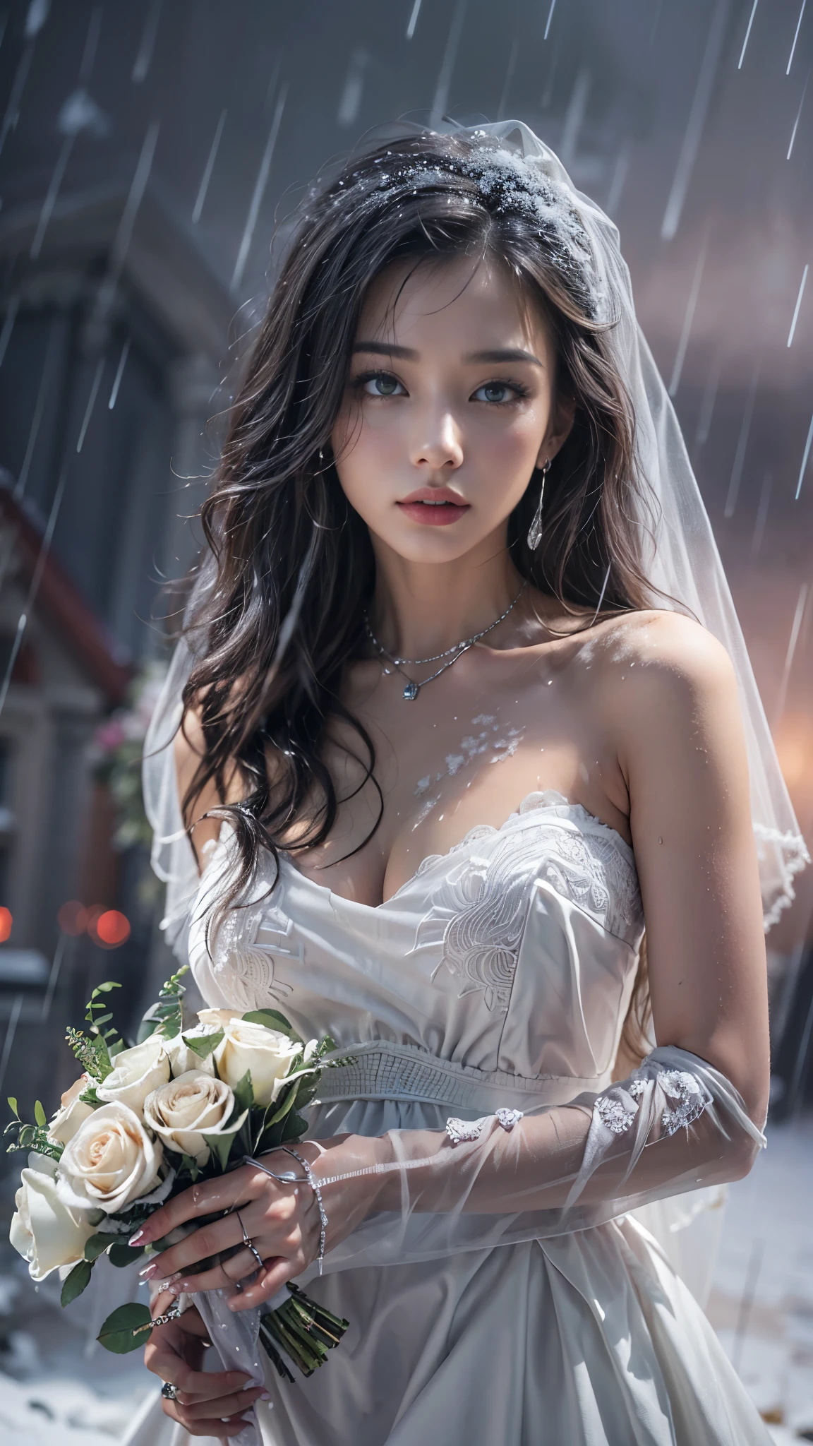 (RAW shooting, Photoreal:1.5, 8K, highest quality, masterpiece, ultra high resolution), ((((heavy snow, Blizzard)))), Highly detailed skin and facial textures:1.3, perfect dynamic composition:1.2, (In front of a church at night in a modern city, expression of sadness:1.0, Tears are flowing:1.0, cry with a broken heart:1.0), Slim office lady wet in the rain:1.3, cowboy shot, Fair skin:1.2, sexy beauty:1.1, perfect style:1.2, beautiful and aesthetic:1.1, very beautiful face:1.2, water droplets on the skin, (rain drips all over my body:1.2, wet body:1.2, wet hair:1.3), (professional dressing:1.1, Holding a bouquet of wet roses in my hand:1.2, The correct way to wear a wet pure white wedding dress:1.3), (Medium chest, Bra see-through, Chest gap),  (Eyes that feel beautiful eros:0.8, Too erotic:0.8, Bewitching:0.8), necklace, earrings, bracelet, wedding ring, Highly detailed hand and finger expressions