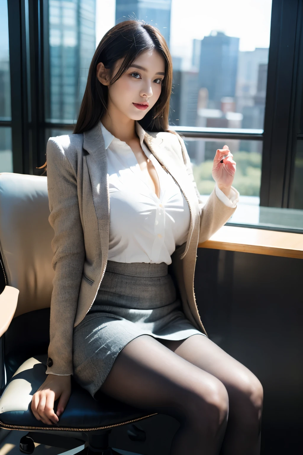 one girl sitting on an office chair，,(european model:1.3),31 years old,exquisite,business women&#39;s clothing,(Jacket:1.1),(shirt:1.1),(wrap skirt:1.1),jewelry,knit,,flesh colored stockings，goosebumpsが立つ,goosebumps，（fidelity：1.3），filigree，quality，（masterpiece：1.2），（fidelity：1.2），（best quality），（skin details：1.3），（intricate details），Drama，ray tracing，photograph，Bathed in light and shadow，visual novel，boss office in skyscraper，window with city view，film grain，Depth of the bounds written，high heels，full body shot