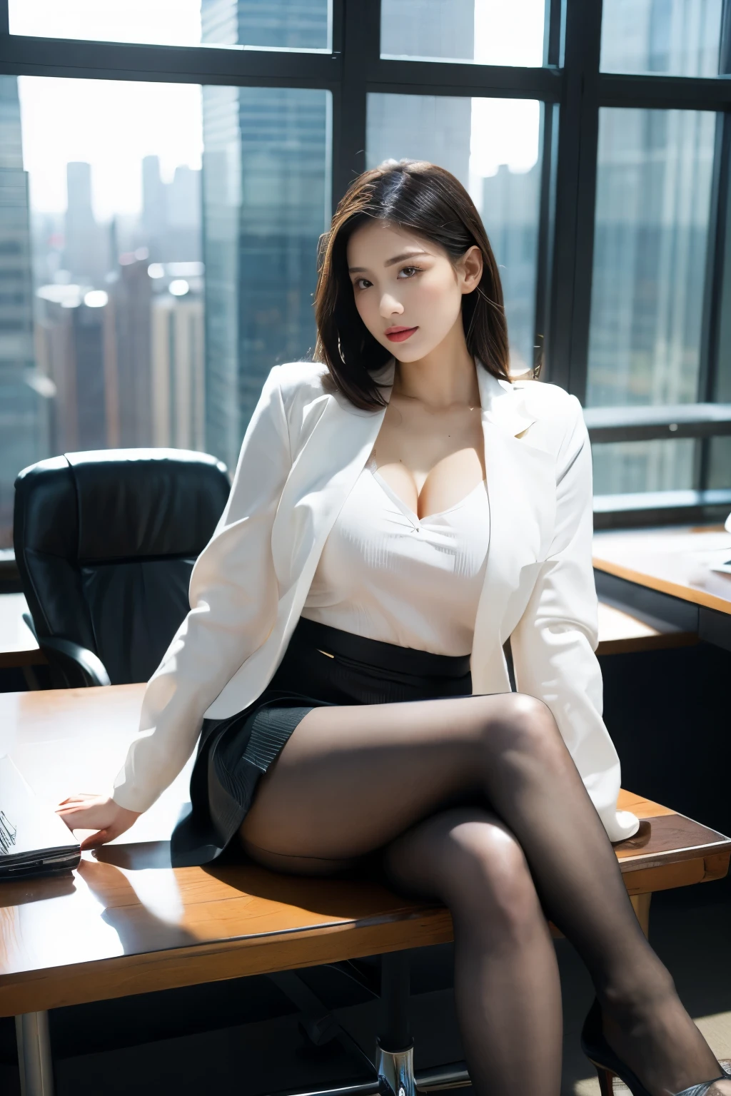 one girl sitting on an office chair,,(european model:1.3),31 years old,exquisite,business women's clothing,(Jacket:1.1),(shirt:1.1),(wrap skirt:1.1),jewelry,knit,,flesh colored stockings,goosebumpsが立つ,goosebumps,(fidelity:1.3),filigree,quality,(masterpiece:1.2),(fidelity:1.2),(best quality),(skin details:1.3),(intricate details),Drama,ray tracing,photograph,Bathed in light and shadow,visual novel,boss office in skyscraper,window with city view,film grain,Depth of the bounds written,high heels,full body shot