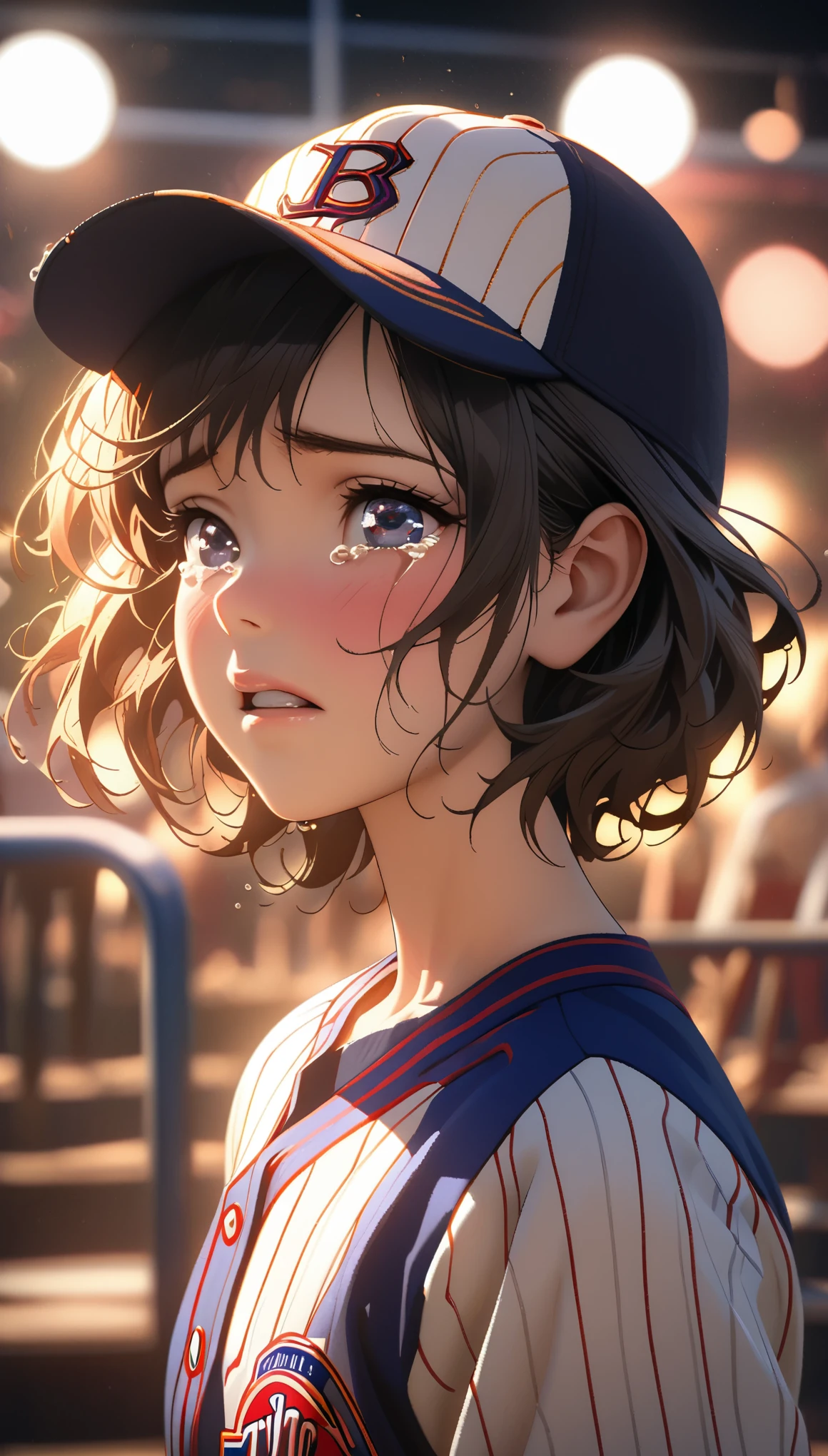 15 year old beautiful girl,playground,baseball uniform,baseball cap,short hair,Wronged,cry,Tears keep flowing,close up,portrait,rich and colorful,Japanese manga artist Tsukasa Hojo'style,depth of field,Overclocked renderer,movie lighting,Ultra-fine,super detailed,complicated,cinematic perspective,CG art,