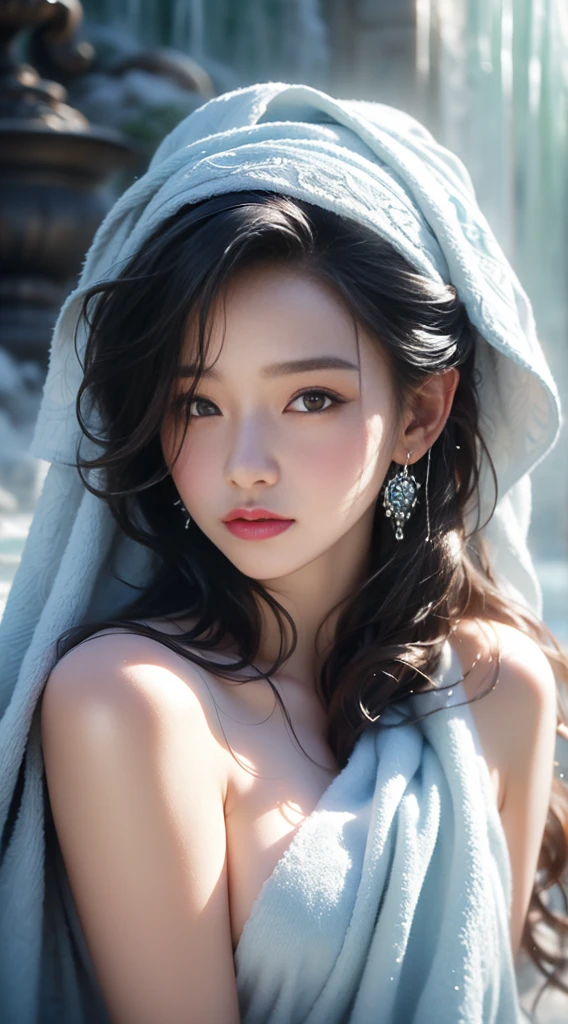 (masterpiece), (best quality:1.4), Ridiculous, [:intricate details:0.2], 1 girl, (naked towel), (fountain, hot spring:1.2), hydrated skin, (FOG:1.2), mist, skin shiny, Glowing skin, (partially submerged in the hot spring:1.2), (wet hair:1.2), mist, wet, moisture,full-body shot