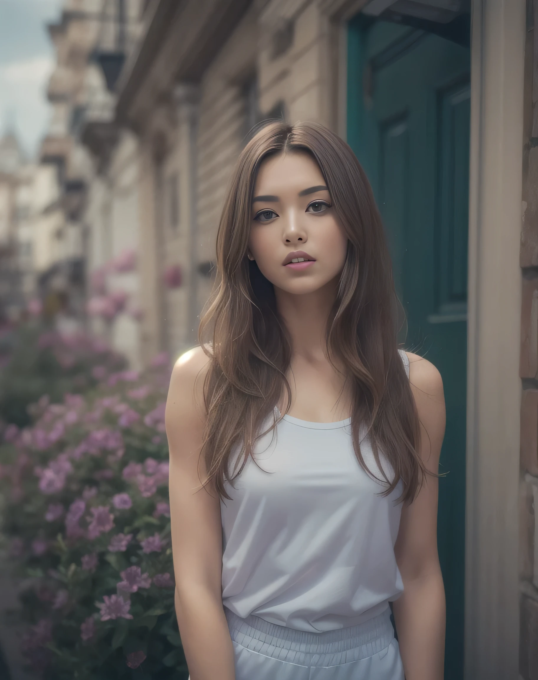 Picture of a French woman. Fit face. 22 years old, Sharp chin, photography, raw photo, masterpiece, extremely detailed photo, DSLR, photorealistic 1.4, ultra hi res, best quality, full body shot, tall, toned, busty, brown hair, shoulder length hair, pink lips, blue eyes, pale skin, (short fitted sport outfits)