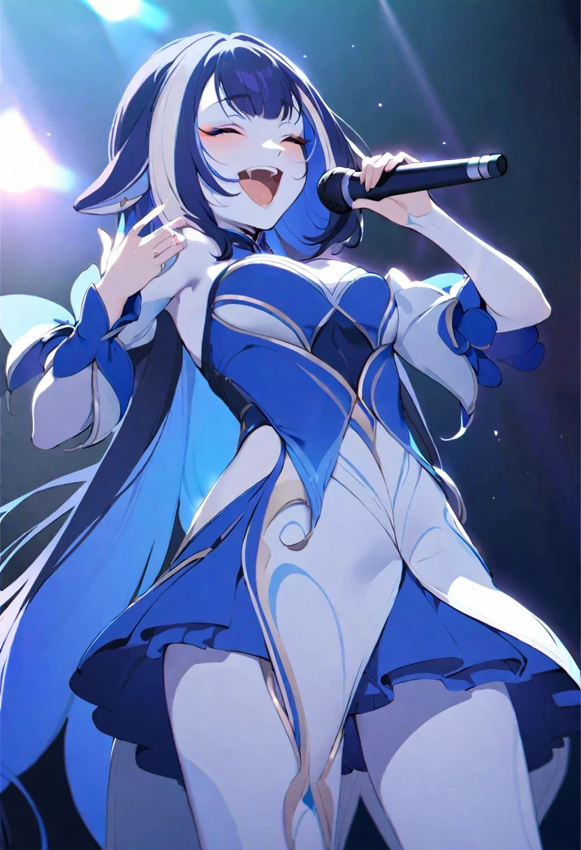 (((shylily))), (masterpiece:1.2), (pale skin:1.2), (8k:1.2), (solo:1.2), (female:1.4), blue hair, (on stage:1.2), (performance:1.3), (singing:0.9), (laughing:1.3)