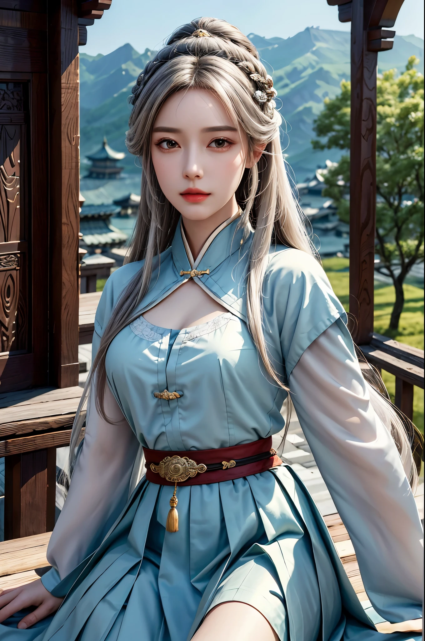 best quality, masterpiece, Super detailed, detail light, (original photo:1.2), (lifelike:1.4),(masterpiece:1.3),(best quality:1.4) 1 girl, Detailed face, alone, above waist, long hair, Sky, skirt, armor, cloud, Chinese clothes