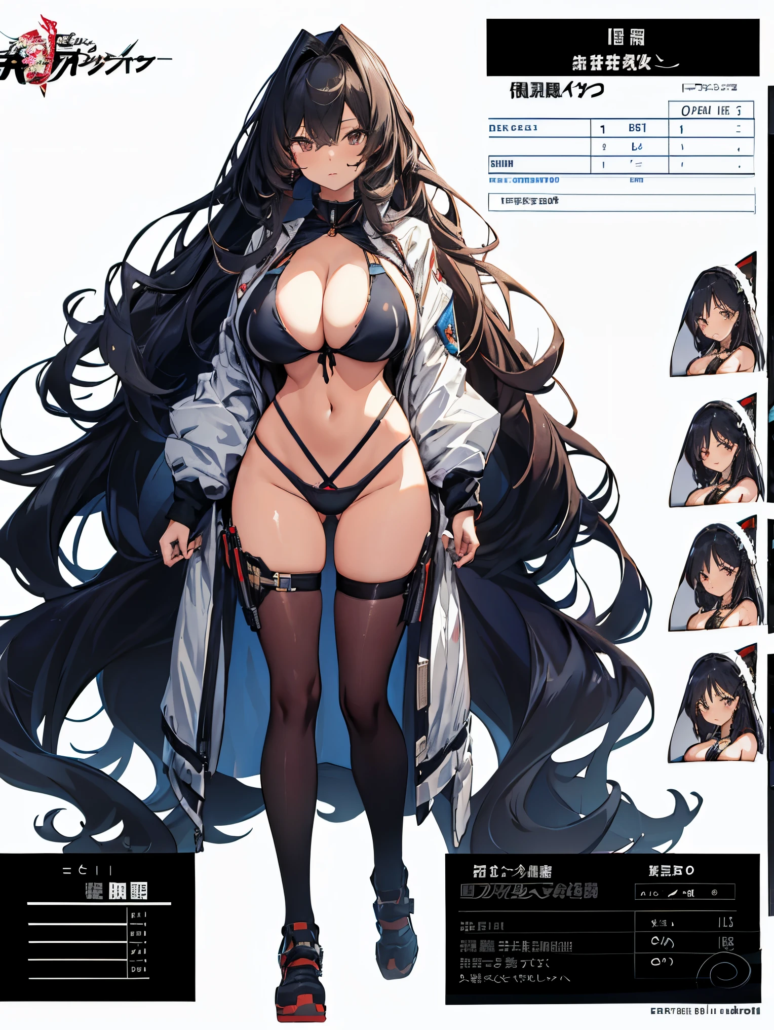 【Highest Quality, masutepiece】large breast, long hair, mature female, long hair, bikini, full body, standing, character sheet, white background,