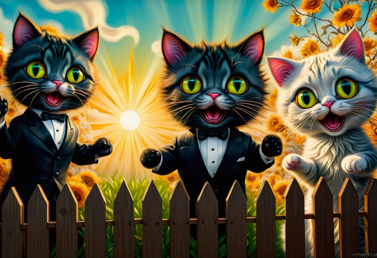 Digital art in the style of Louis William Wain and Mark Ryden.  Cats in tuxedos are screaming on the fence like opera singers. They scream with their mouths wide open . Morning Sun spring. 32k. Hyperdetalization. ,sharp focus, studio photo, ultra hd, realistic, vivid colors, highly detailed, pen and ink, perfect composition, beautiful detailed intricate insanely detailed octane render trending on artstation, 8k artistic photography, photorealistic concept art, soft natural volumetric cinematic perfect light. 