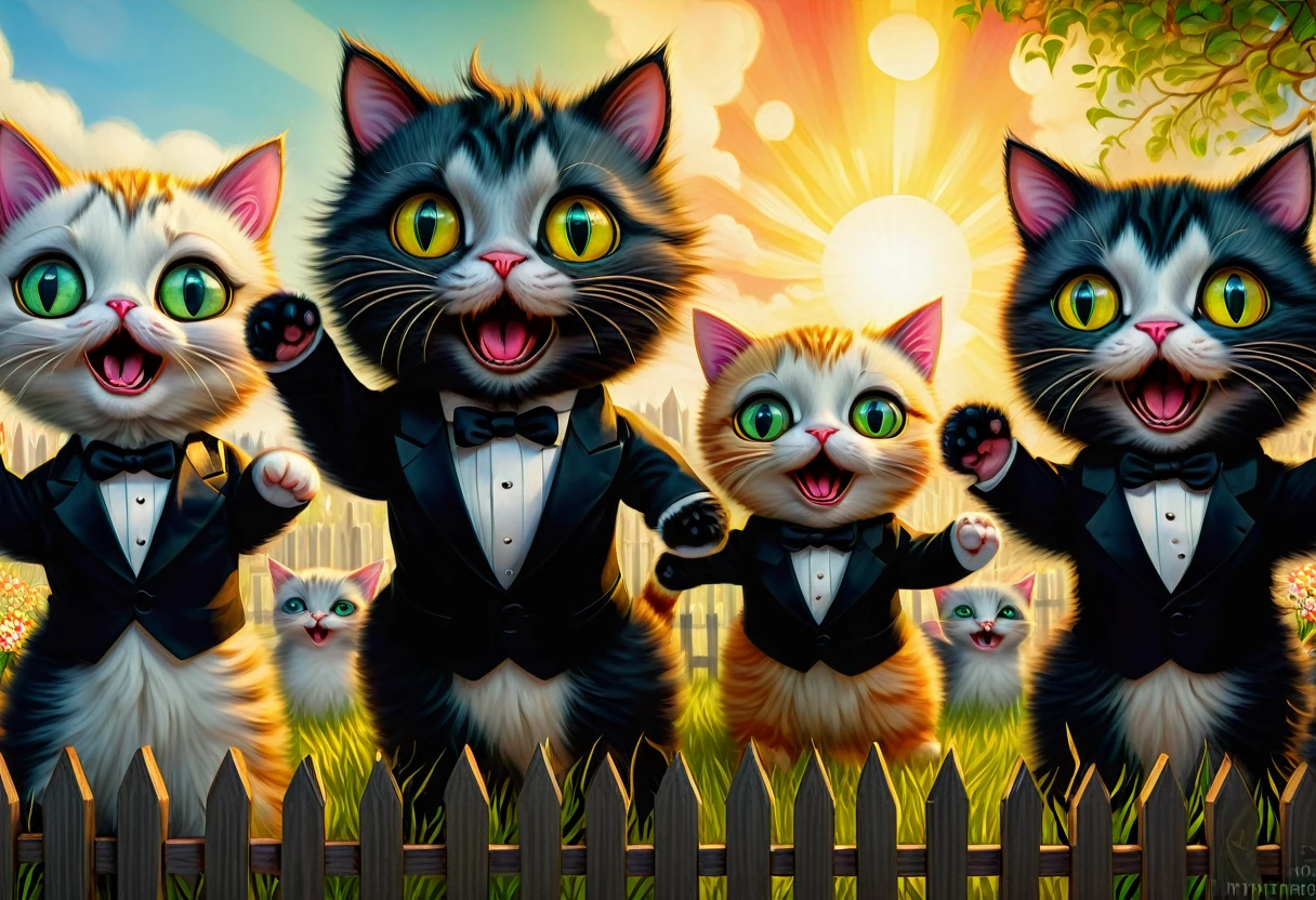 Digital art in the style of Louis William Wain and Mark Ryden.  Cats in tuxedos are screaming on the fence like opera singers. They scream with their mouths wide open . Morning Sun spring. 32k. Hyperdetalization. ,sharp focus, studio photo, ultra hd, realistic, vivid colors, highly detailed, pen and ink, perfect composition, beautiful detailed intricate insanely detailed octane render trending on artstation, 8k artistic photography, photorealistic concept art, soft natural volumetric cinematic perfect light. 