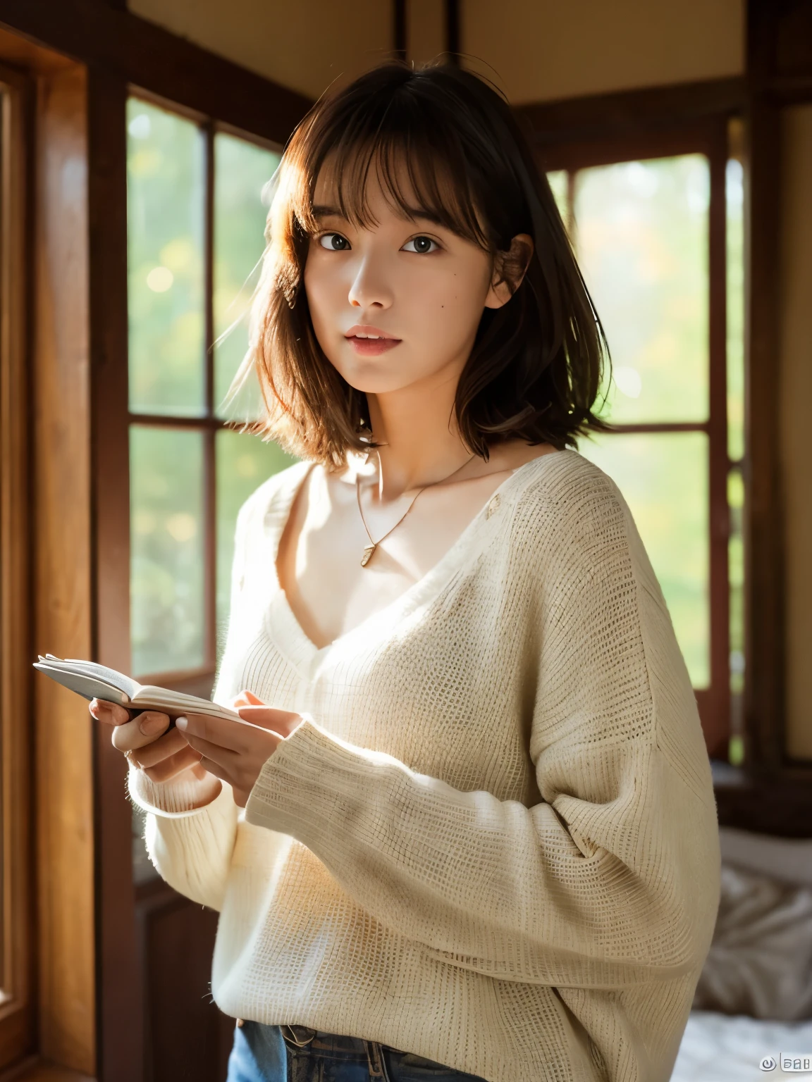 (top-quality、8K、32K、masterpiece、nffsw:1.2)、cute little日本人女性の写真、large full breasts、very short bobbed hair、The upper part of the body、sface focus、Oversized_Sweaters、a necklace、simple background、From above、looking at the viewerix4、(8K、Raw photography、top-quality、masterpiece:1.2)、(realisitic、Photorealsitic:1.37)、1girl in、cute little、profetional lighting、photon maping、physically-based renderingt、Gradient Brunette Hair、short curly hair、a handsome、Girly、superior image quality、hight resolution、1080p、(Clear face)、(Detailed face description)、(Detailed hand description)、(masuter piece)、(Exquisite CG)、 extreme light and shadows、hair messy、masterpiece、lush detail、(Exquisite facial features)、(The highest image quality)、(masterpiece)、(A detailed eye)、Looking forward to your eyes、Delicate collarbones、Poses variadas、don't watch mela、profile、white walls、(white walls room with window)、Autumn clothes、Winter clothes、simple a necklace、T-shirt