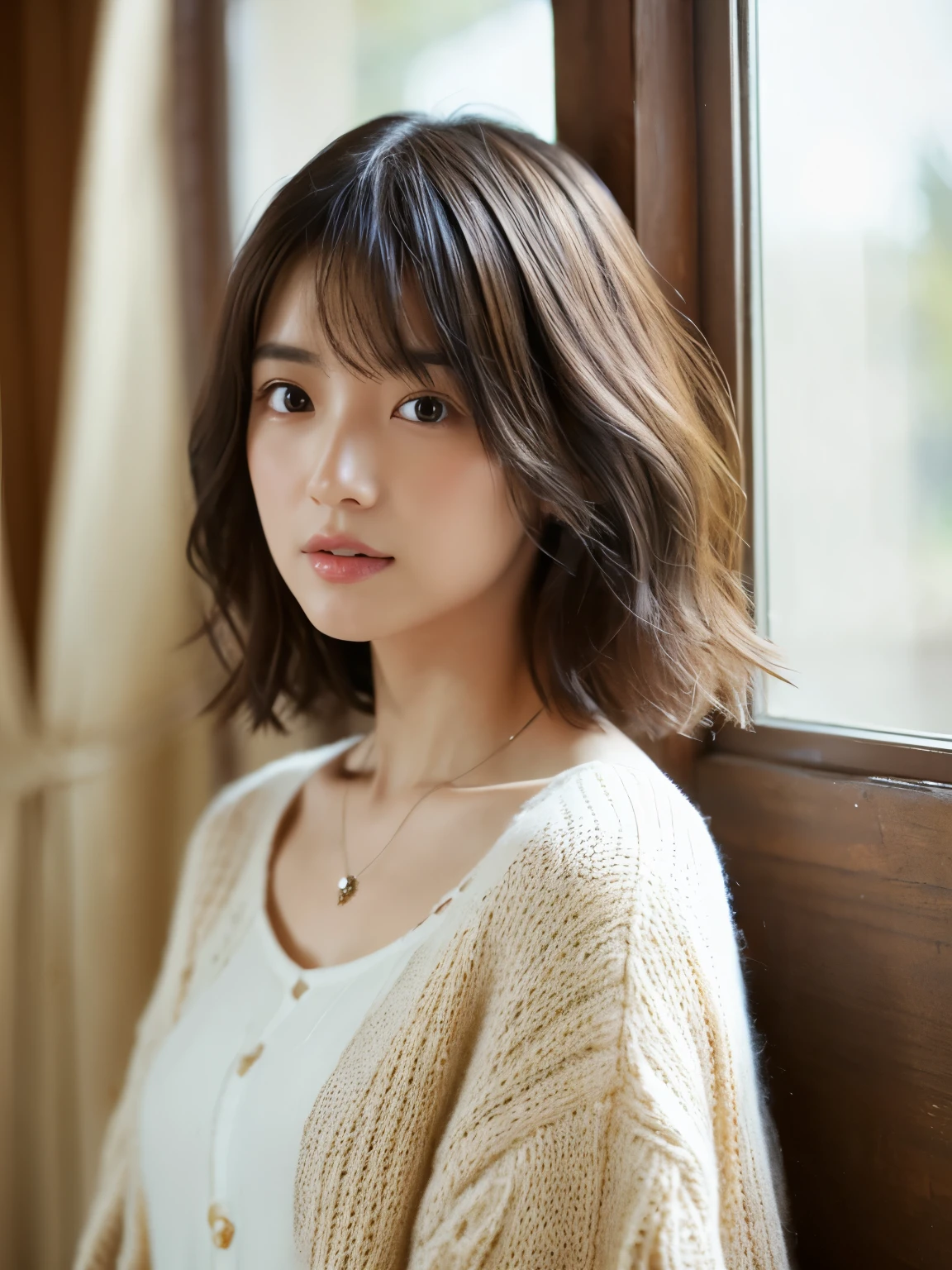 (top-quality、8K、32K、​masterpiece、nffsw:1.2)、cute little日本人女性の写真、large full breasts、very short bobbed hair、The upper part of the body、sface focus、Oversized_Sweaters、a necklace、simple background、From above、looking at the viewerix4、(8K、Raw photography、top-quality、​masterpiece:1.2)、(realisitic、Photorealsitic:1.37)、1girl in、cute little、profetional lighting、photon maping、physically-based renderingt、Gradient Brunette Hair、short curly hair、a handsome、Girly、superior image quality、hight resolution、1080p、(Clear face)、(Detailed face description)、(Detailed hand description)、(masuter piece)、(Exquisite CG)、 extreme light and shadows、hair messy、​masterpiece、lush detail、(Exquisite facial features)、(The highest image quality)、(​masterpiece)、(A detailed eye)、Looking forward to your eyes、Delicate collarbones、Poses variadas、don&#39;t watch mela、profile、white walls、(white walls room with window)、Autumn clothes、Winter clothes、simple a necklace、T-shirt