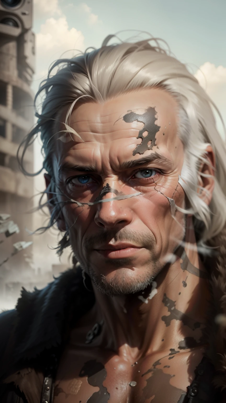 Close-up Portrait of a Brutal 45-Year-Old Wastelanders' Man: Shooting a RAW image with a DSLR, specifically a Fujifilm XT3, captures every intricate detail of the man's weathered face. The 8k UHD high-definition resolution brings out the texture of his long, unkempt hair, providing a clear contrast against his pale, gaunt skin. The city ruins background is obscured by the soft lighting, creating an evocative atmosphere. Each pore on his weathered skin is visible (high detailed skin: 1.2), revealing the signs of a life lived at the edge. The