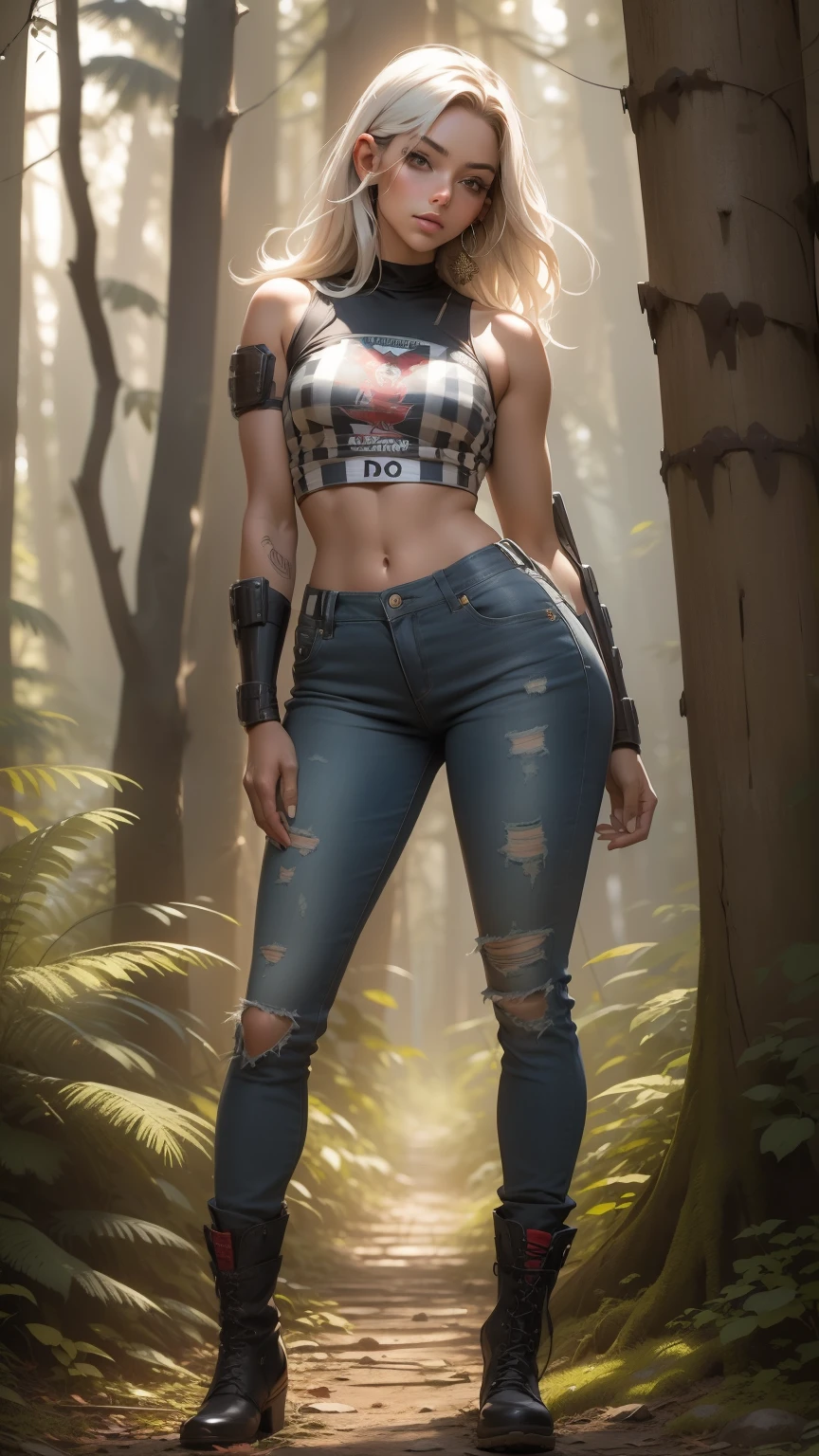 arafed woman in a plaid shirt and denim shorts posing on a stone path, 2 4 year old female model, lumberjack flannel, wearing a red lumberjack shirt, in forest, young skinny gravure idol, photo of slim girl model, in woods, wearing a flannel shirt, forest style studio shot, a sexy maid in a magical forest, in beautiful woods raffed woman sexy pose, wearing a sexy cropped top, pale green halter top, tight outfit, full body picture, perfect shape, close up to a skinny, wearing tight simple clothes, skinny waist and thick hips, full length view, jeans, casual pose, wearing a camisole and boots, wearing jeans. (((mulher))), (((melhor qualidade))), (((obra prima))), (((adulto))), (((1girl))), ((( corte de cabelo bob ))), Uma gladiadora cyberpunk mulher de 25 anos com corpo perfeito, shoulder pads with metal spines, rugged outfit, (( corte de cabelo bob )), tiny leather panties, camiseta de time de rugby rasgada, quase nua no estilo selvagem urbano de Simon Bisley para a capa da revista Heavy Metal, Cabelo loiro curto, Minimum clothing, Metal protection on the left arm with intricate graphics, Dark red with white stars and white and navy blue checkerboard pattern, armadura, cheio de pontas e rebites, (((do joelho pra cima))), cabelos loiro branco curto, no fundo uma parede pintada por Shepard Fairey com um design intrincado