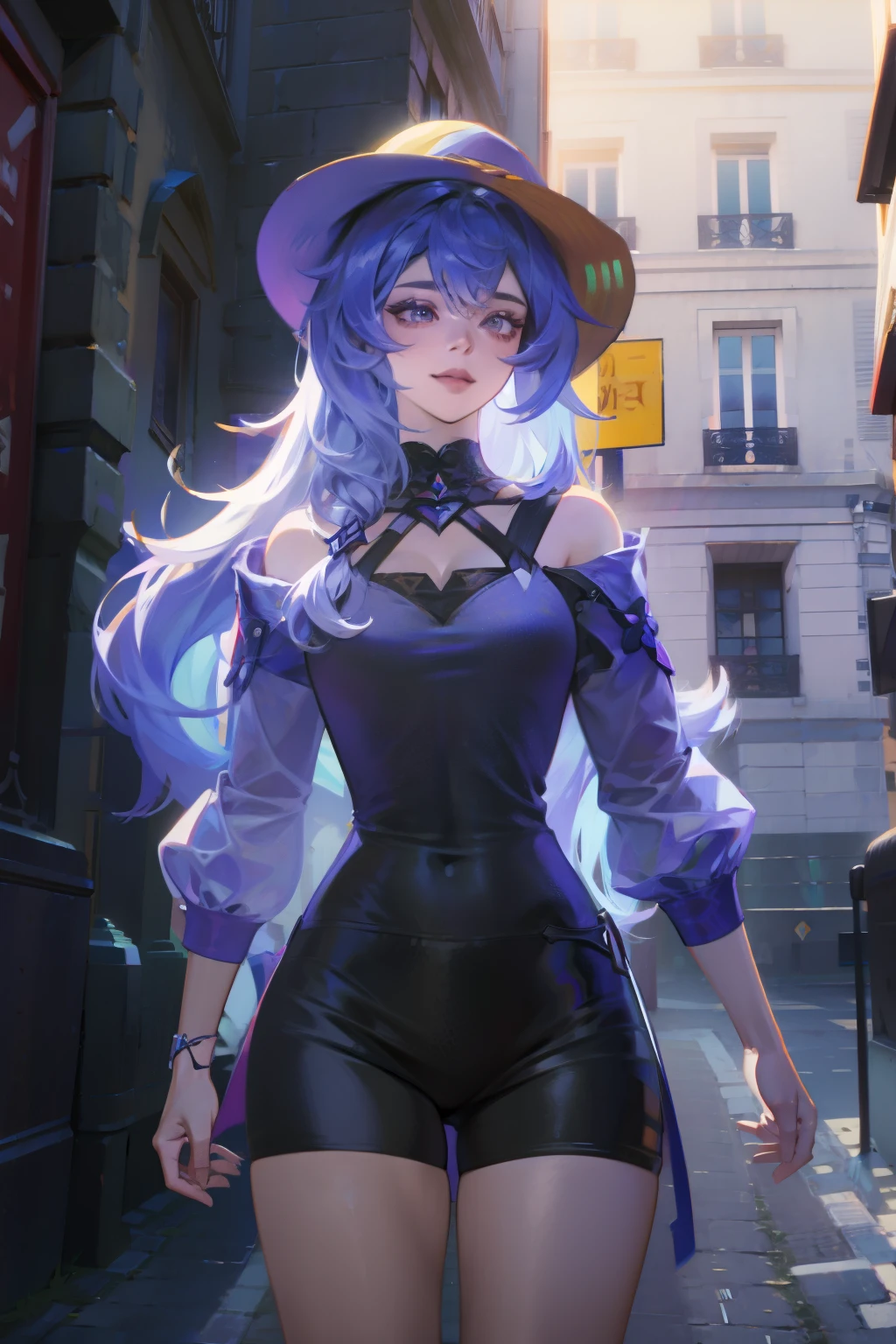 Masterpiece, superior quality, ultra-detailed, 8k drawing under CG unity, a woman looking directly at the observer, summer subject, a charmed and happy look, in the city center of paris, smiling, with long black hair and cowboy style.
