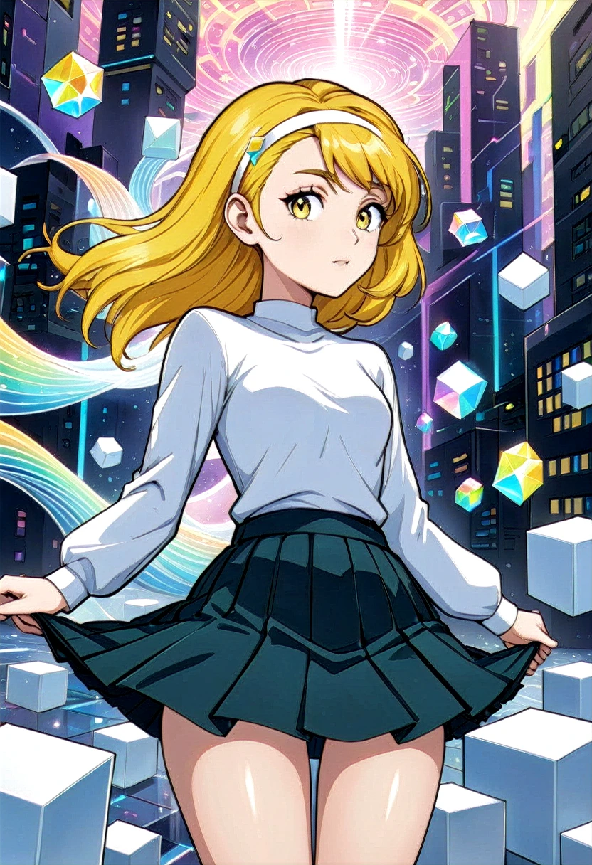 a girl in a room filled with lots of white cubes, a digital rendering, by Jon Coffelt, tumblr, cubo-futurism, iridescent fractal, cyber mushroom city, floating crystals, infinite quantum waves, yellow hairband, , serafuku, long sleeves, pleated skirt,
