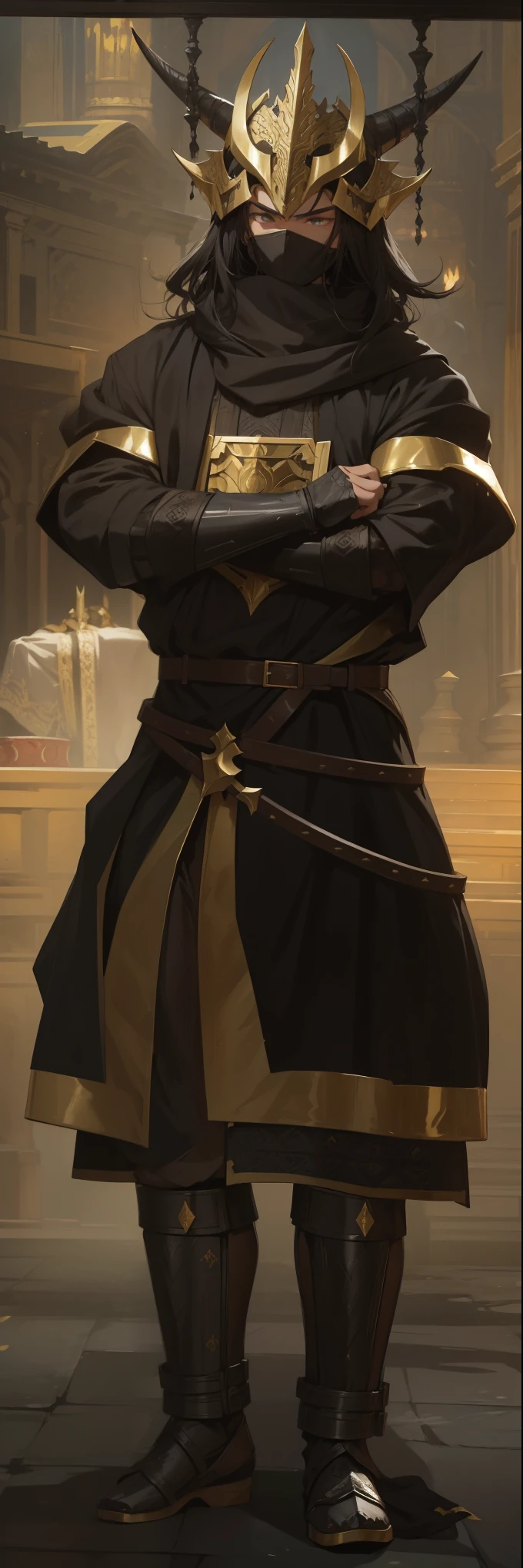 Wearing full armor、Arafud man wearing horn-like headdress, Stately robes, Gorgeous robes, dark ornate royal robes, scaled robes, Gorgeous flowing robe, Flowing robes and leather armor, intricate robe, ferred - themed robes and hats, torn robes, brown robe, gold plated black, ornate royal robes, dark robe, Gray tarnished robe