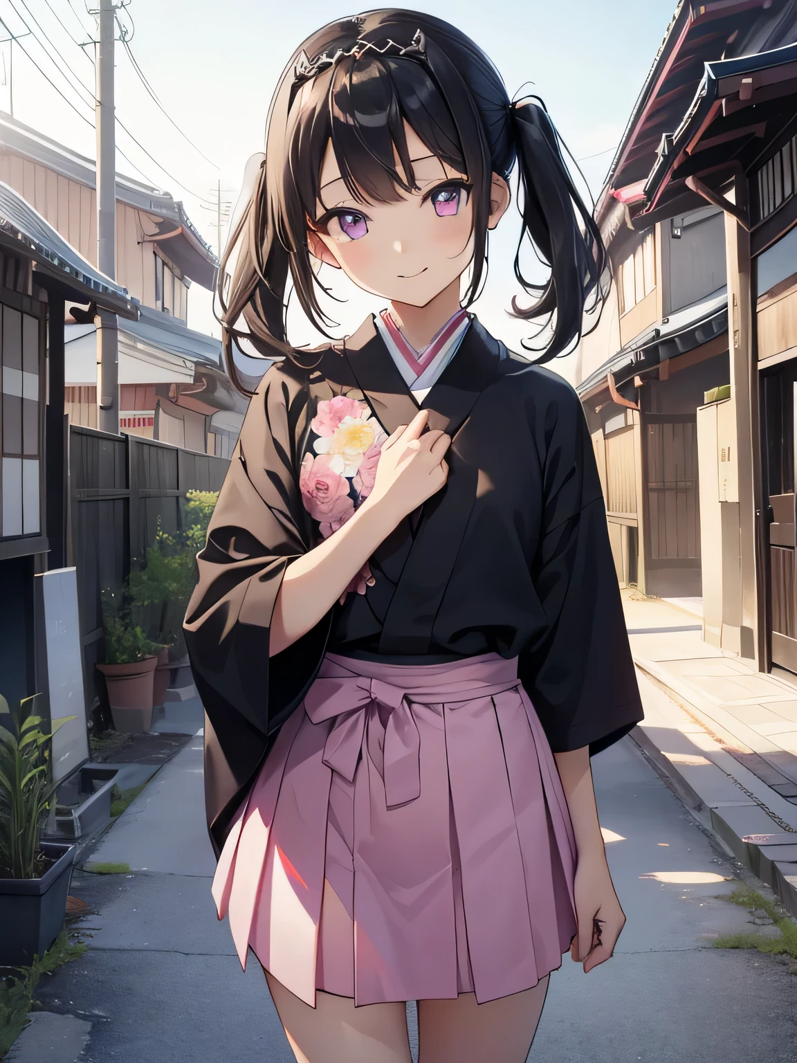 highest quality、Highest image quality、beautiful eyes、very delicate and beautiful、beautiful eyes、pink eyes、Soio、Soio、11 year old girl、Japanese、、Chiquita、Noble、primary school student、black hair、barefoot、（(((Kunoichi)))、（High leg）、tiara on head、smile with closed eyes、standing and facing the front、The background is a cafe