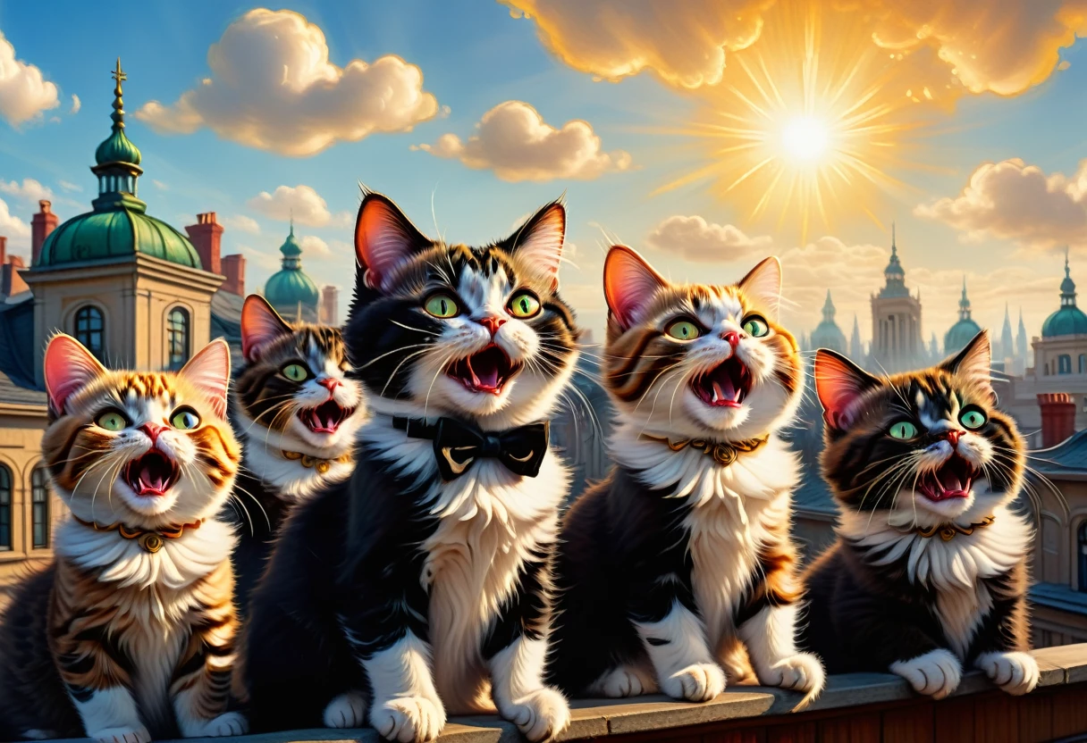 Digital art in the style of Louis William Wain and Mark Ryden. Cats in tuxedos are screaming on the roof like opera singers. They scream with their mouths wide open . Morning Sun spring. 32k. Hyperdetalization., sharp focus, studio photo, ultra hd, realistic, vivid colors, highly detailed, pen and ink, perfect composition, beautiful detailed intricate insanely detailed octane render trending on artstation, 8k artistic photography, photorealistic concept art, soft natural volumetric cinematic perfect light.