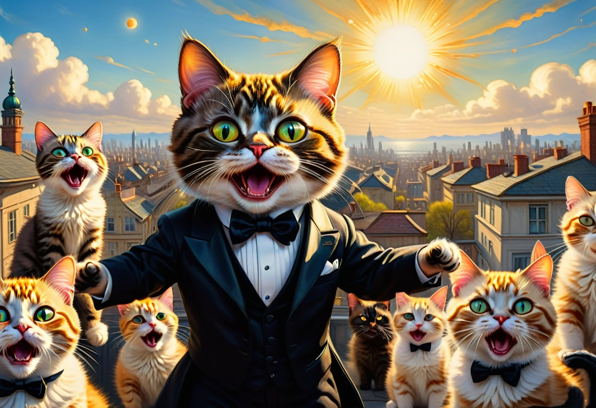 Digital art in the style of Louis William Wain and Mark Ryden. Cats in tuxedos are screaming on the roof like opera singers. They scream with their mouths wide open . Morning Sun spring. 32k. Hyperdetalization., sharp focus, studio photo, ultra hd, realistic, vivid colors, highly detailed, pen and ink, perfect composition, beautiful detailed intricate insanely detailed octane render trending on artstation, 8k artistic photography, photorealistic concept art, soft natural volumetric cinematic perfect light.